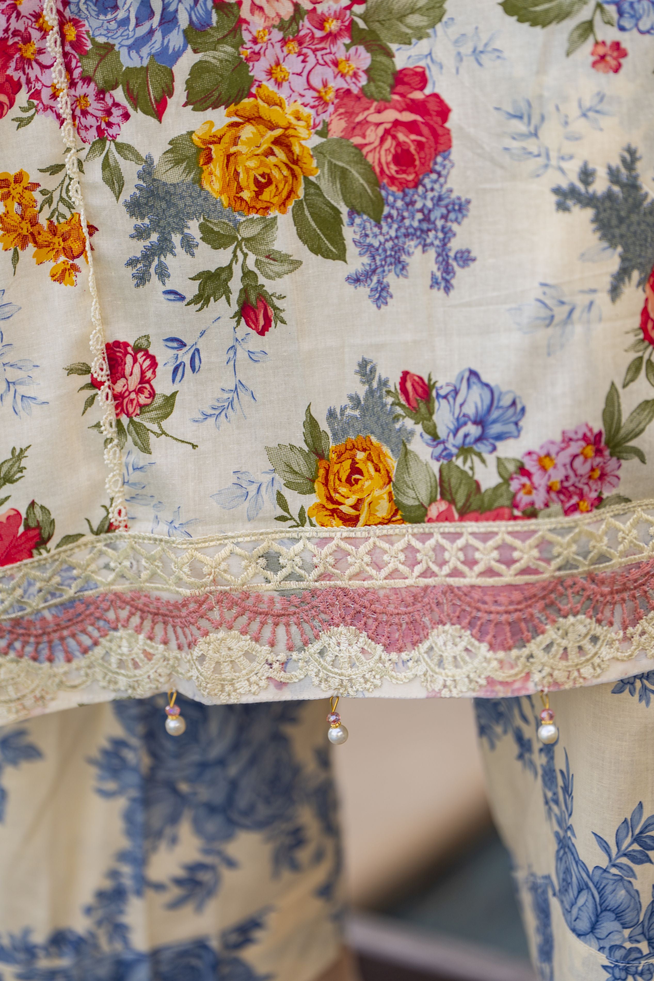 Cream Floral Printed Lawn Suit with Blue Trousers Rangrez by Sakeena Hasan RBS2
