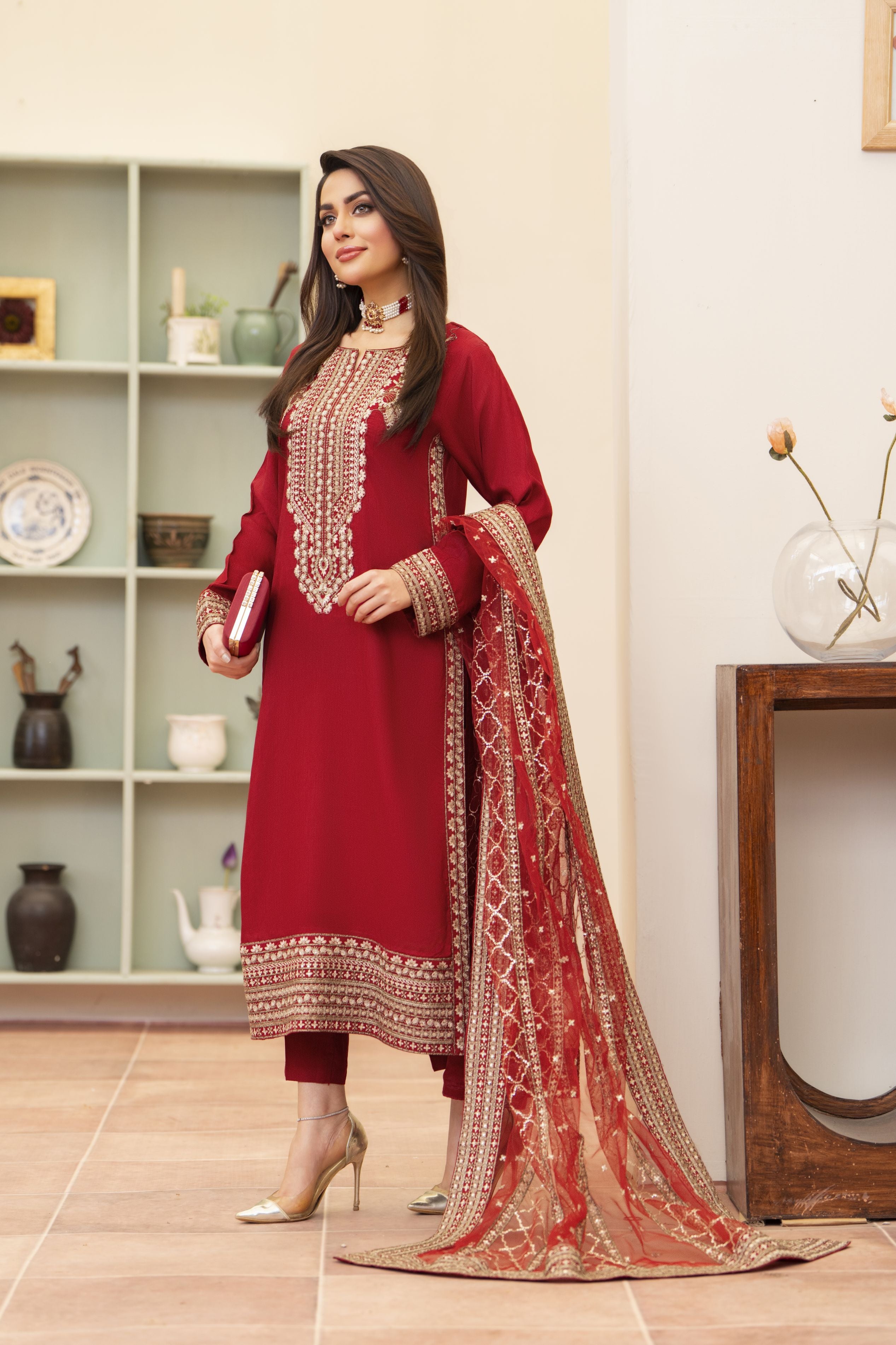 Red Raw Silk 3PC Dress by Bahaar e Gul Warun BGW08