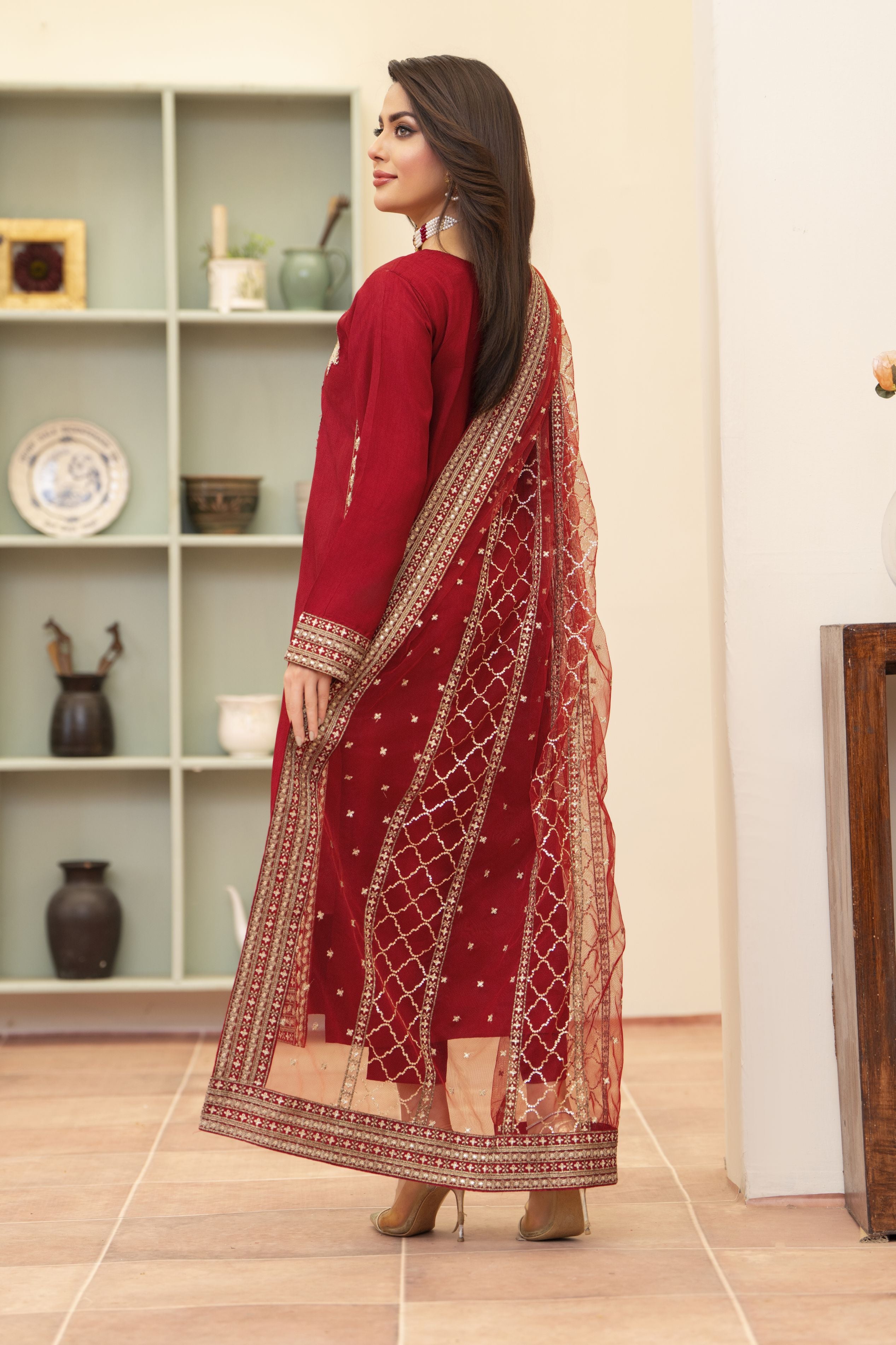 Red Raw Silk 3PC Dress by Bahaar e Gul Warun BGW08