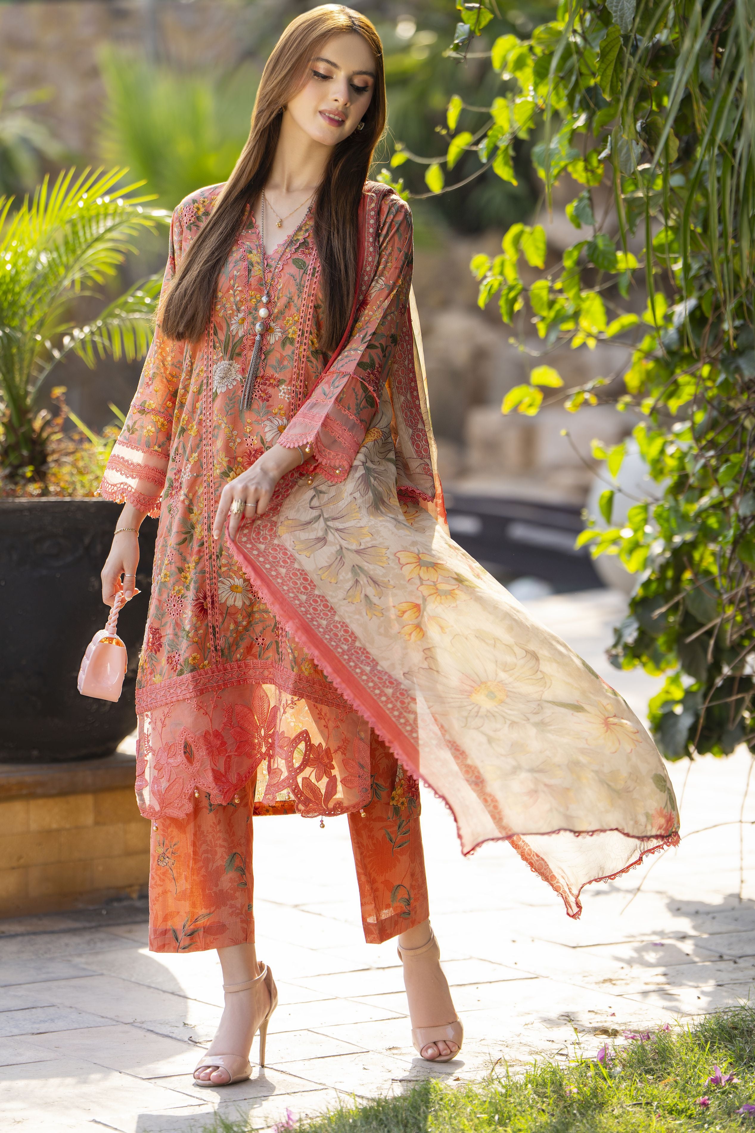 Coral Pink Chikankari 3pc Lawn Suit Rangrez by Sakeena Hasan RBS5