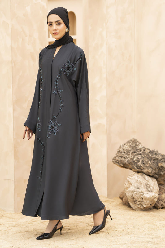 Zaina Veil of Grace – Hand Embellished Charcoal Grey Abaya ZMD1