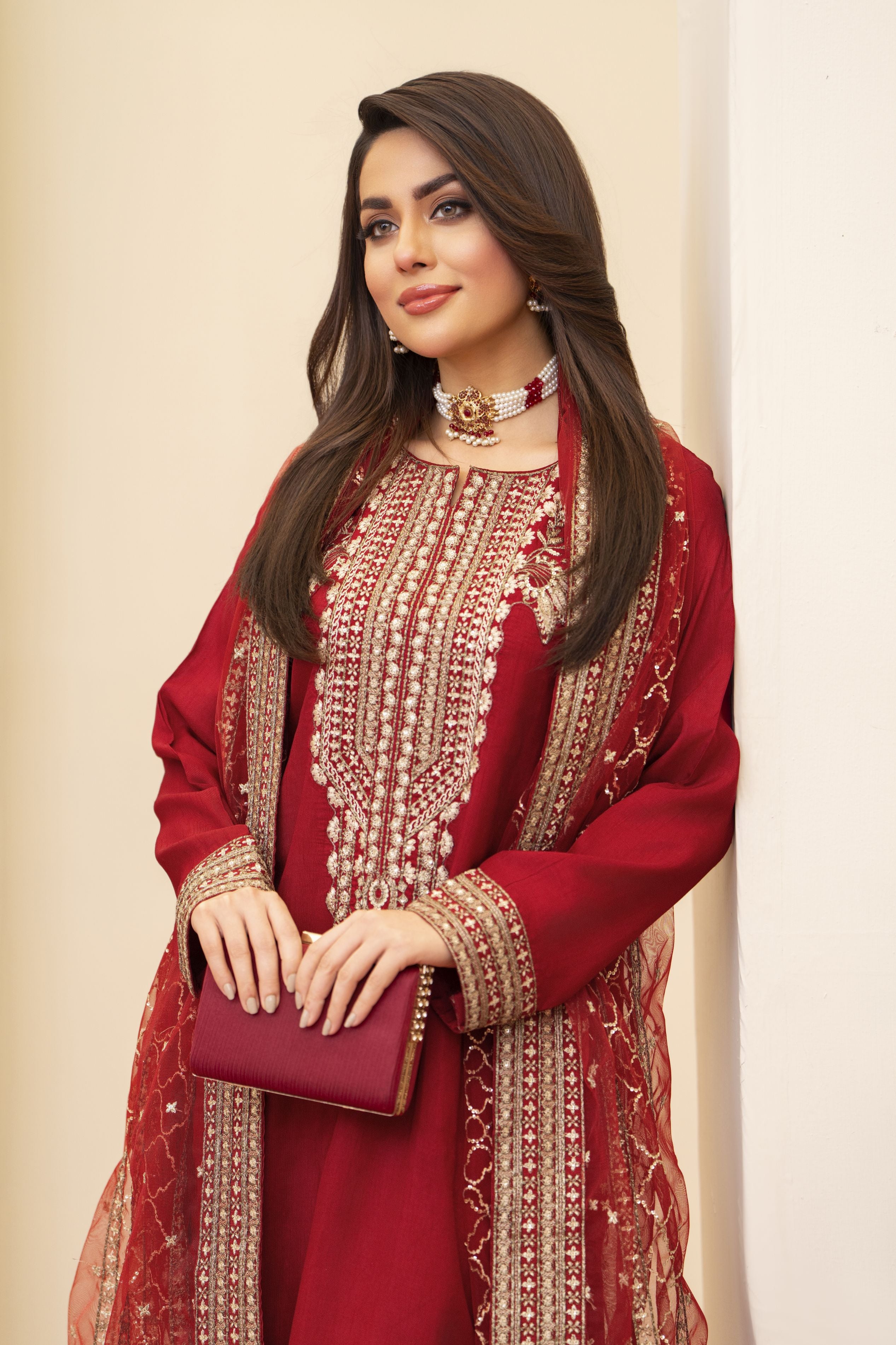 Red Raw Silk 3PC Dress by Bahaar e Gul Warun BGW08