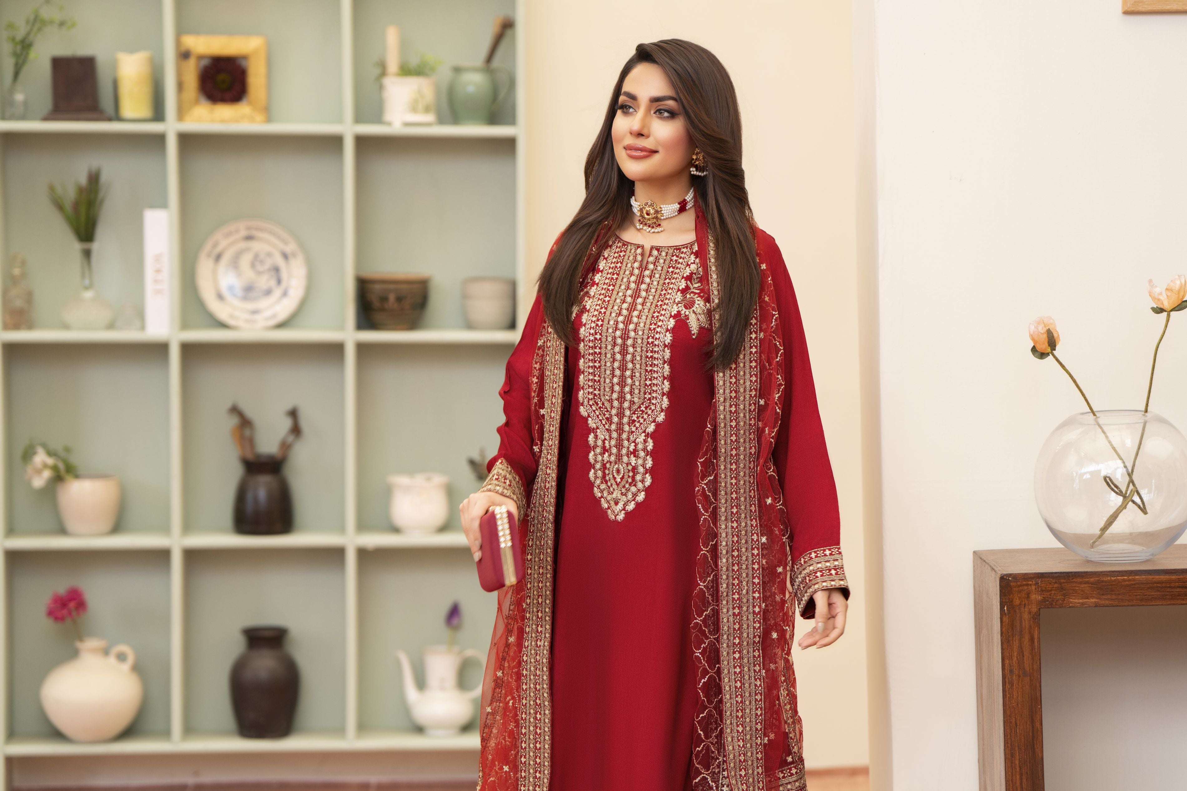 Red Raw Silk 3PC Dress by Bahaar e Gul Warun BGW08