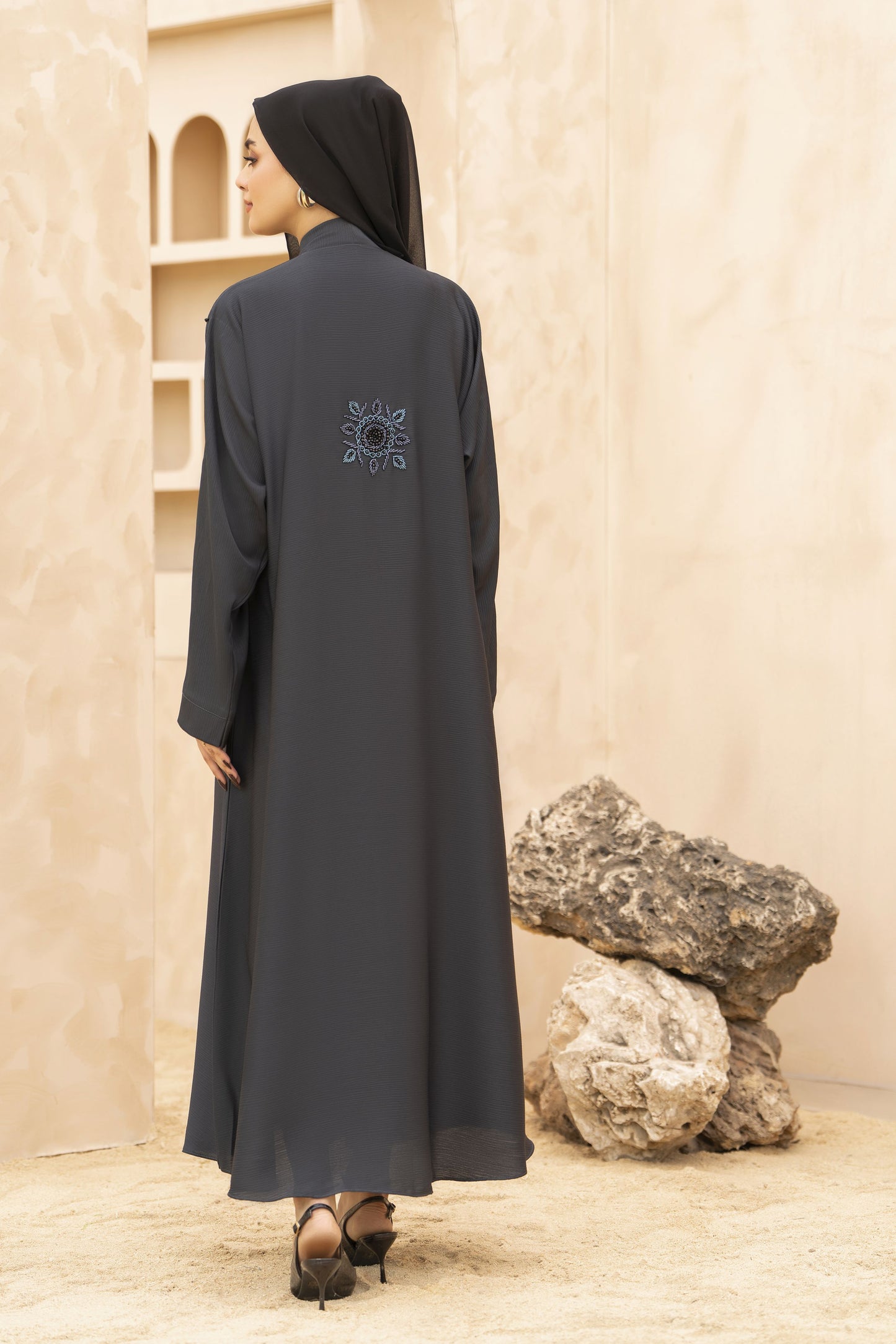 Zaina Veil of Grace – Hand Embellished Charcoal Grey Abaya ZMD1