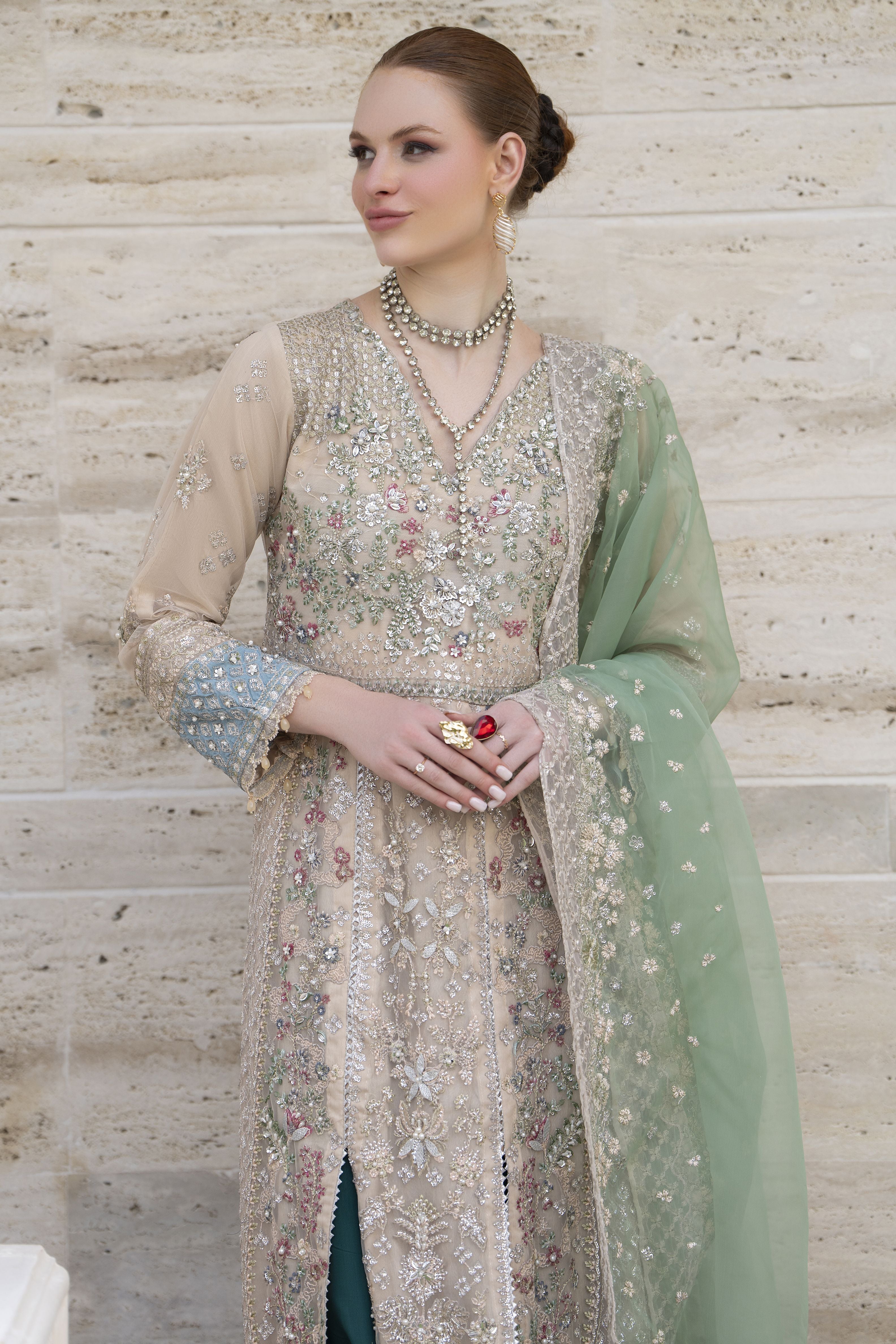 Silver 3pc Handwork Long Shirt with Contrast Trousers – The Occasion OS6