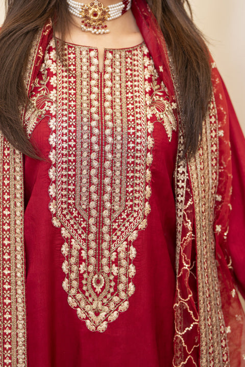 Red Raw Silk 3PC Dress by Bahaar e Gul Warun BGW08
