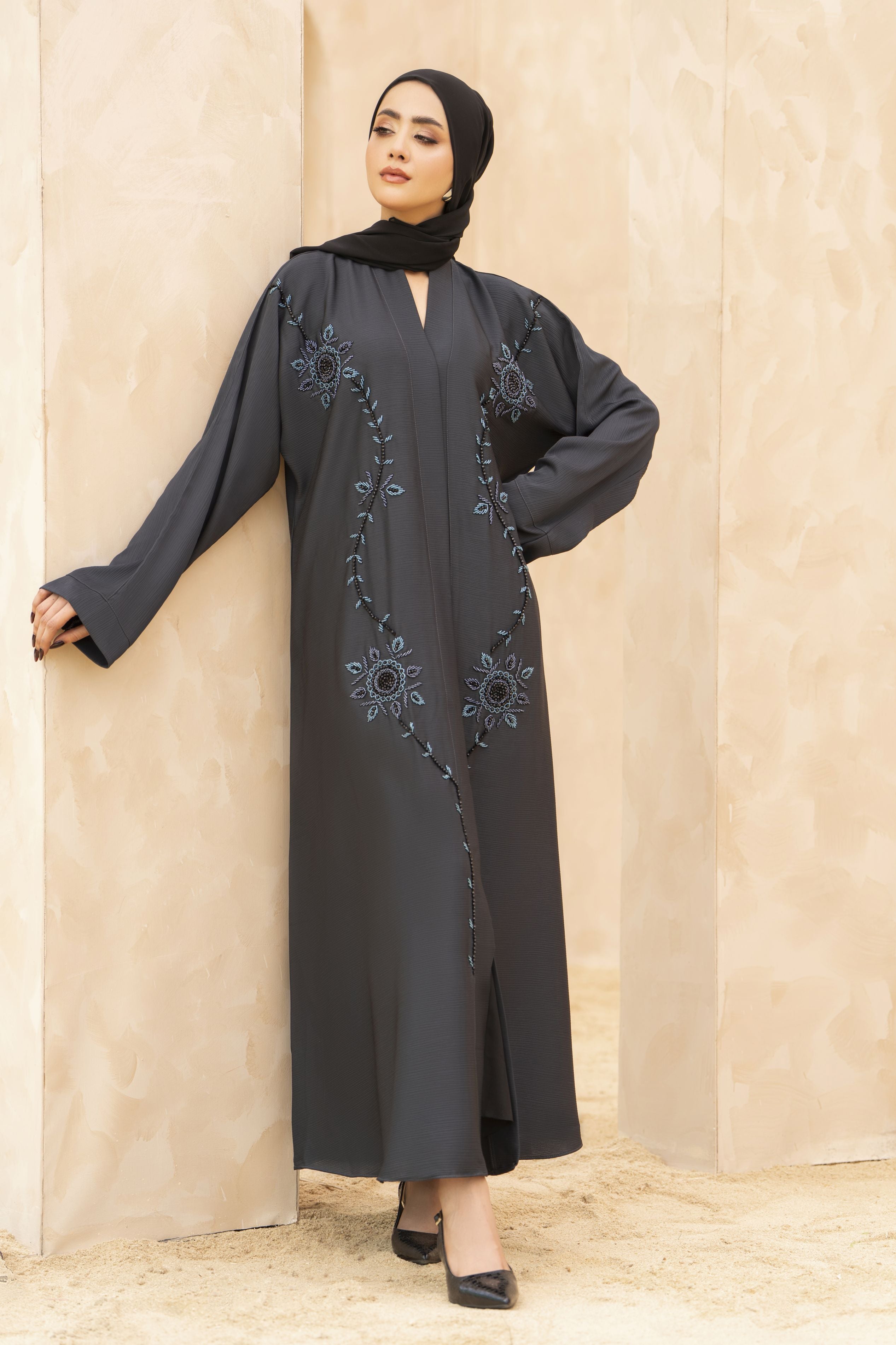 Zaina Veil of Grace – Hand Embellished Charcoal Grey Abaya ZMD1