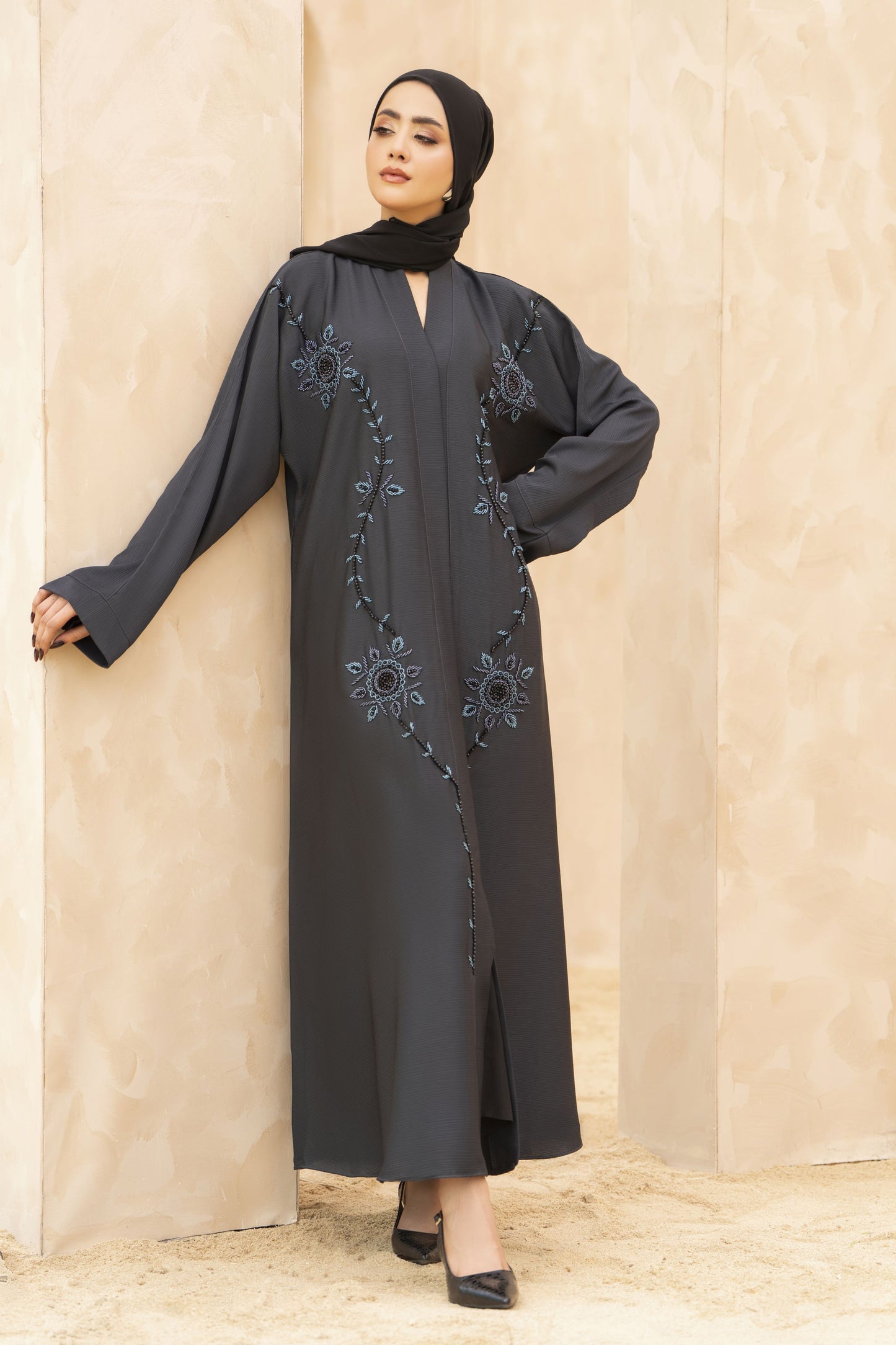 Zaina Veil of Grace – Hand Embellished Charcoal Grey Abaya ZMD1