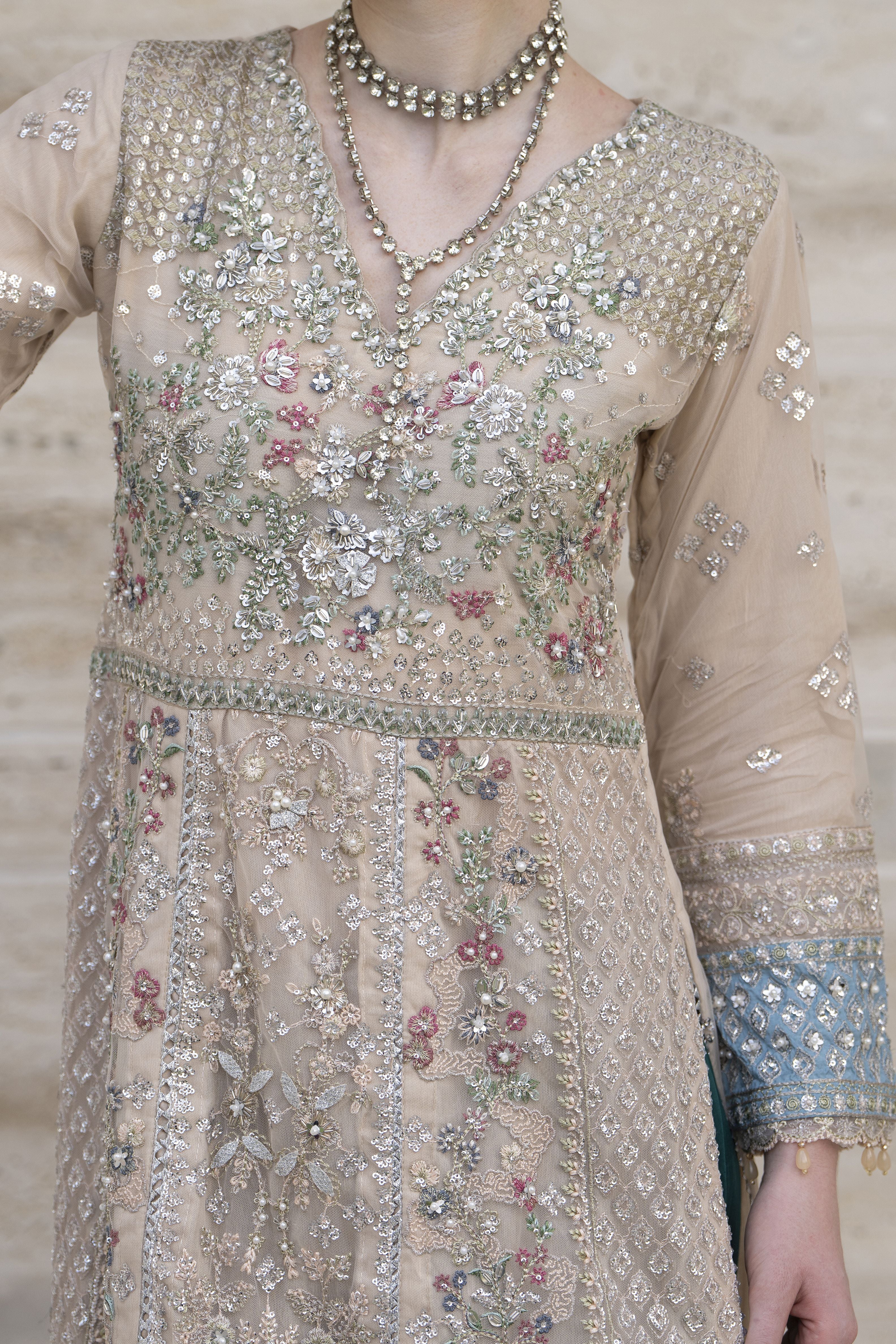 Silver 3pc Handwork Long Shirt with Contrast Trousers – The Occasion OS6