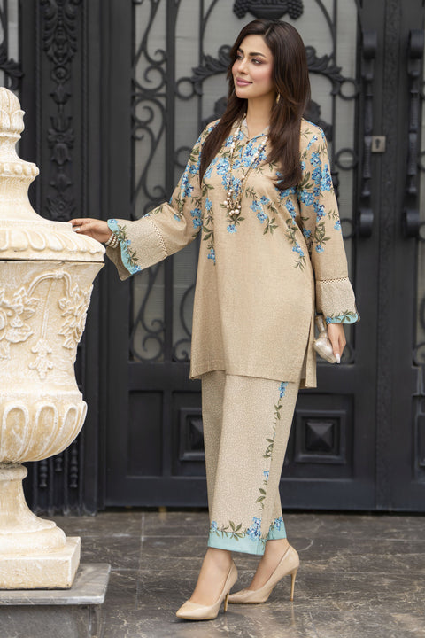 Dawn Petals by Sahar Beige Co-ord Set with Blue Floral Print DPS5