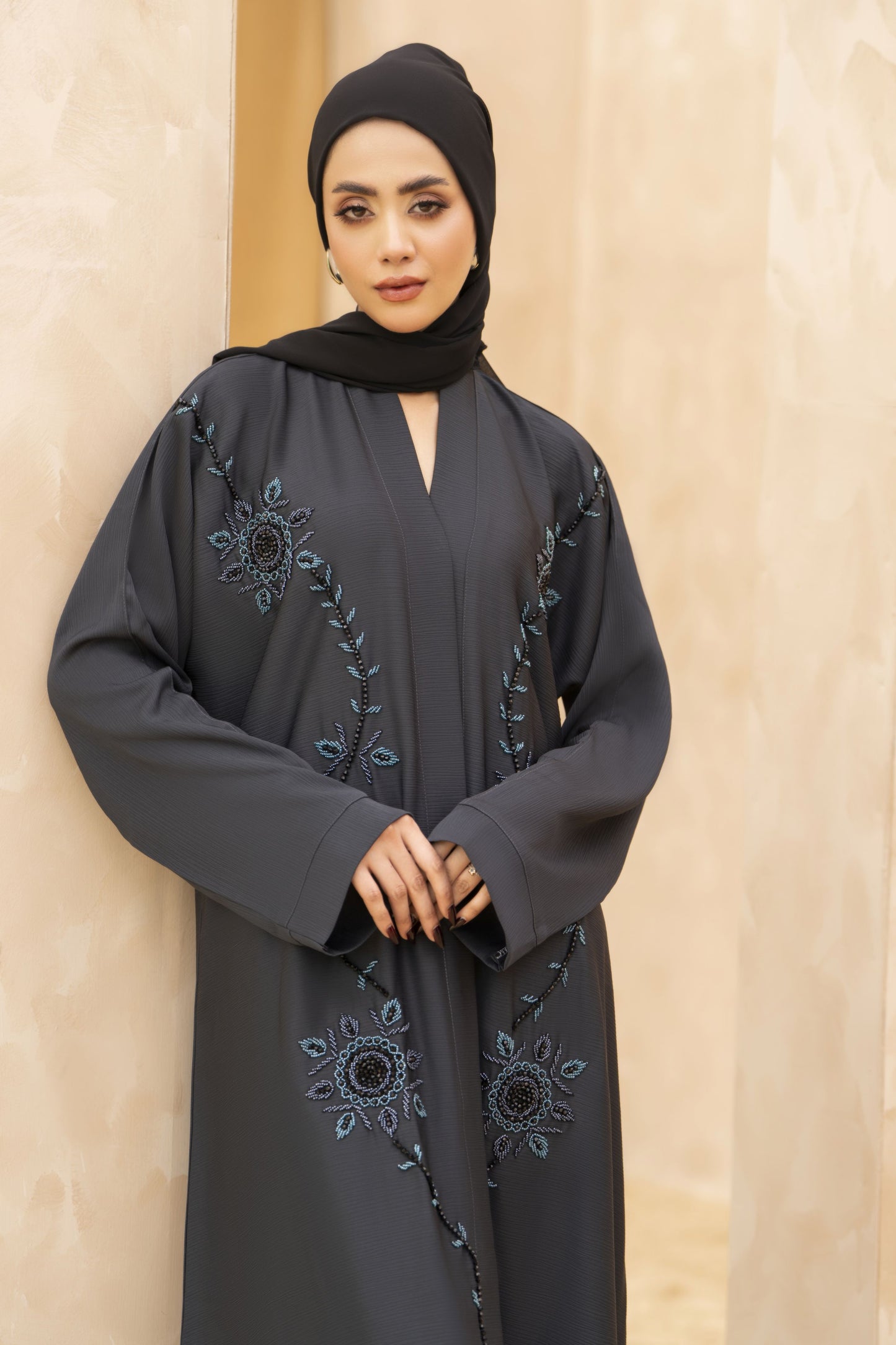 Zaina Veil of Grace – Hand Embellished Charcoal Grey Abaya ZMD1