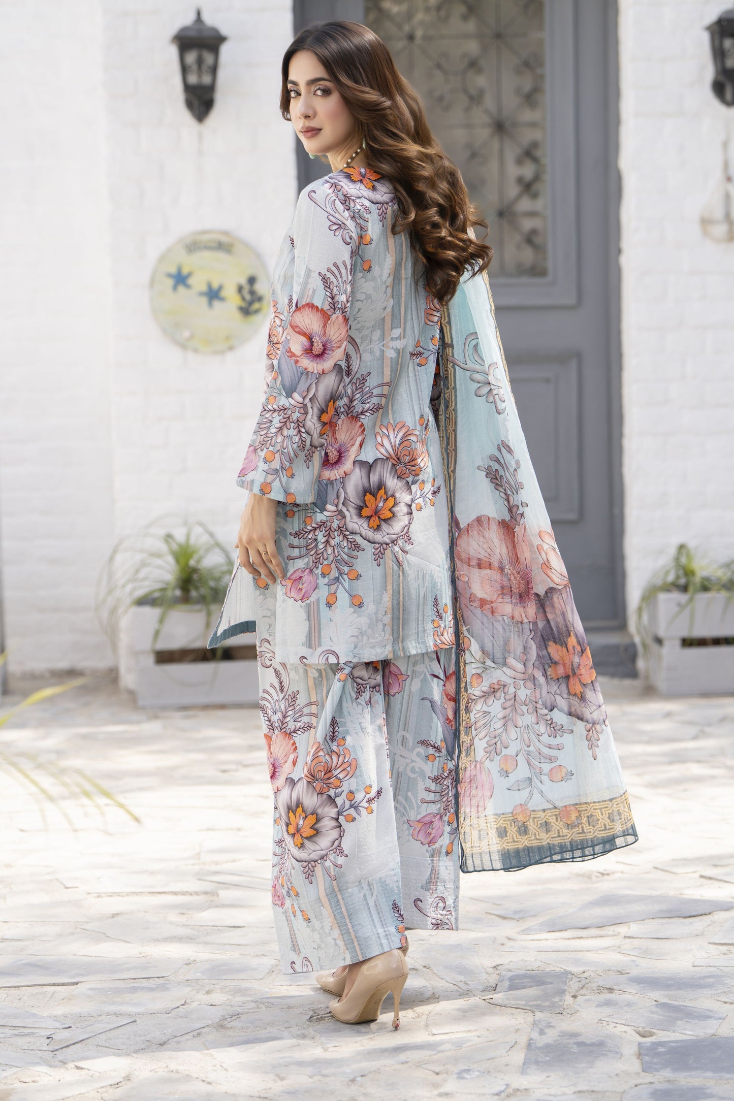 3pc  Pastel Floral Broshia Lawn Farshi Shalwar Ready to Wear Suit by Zaiwa – LTZ6