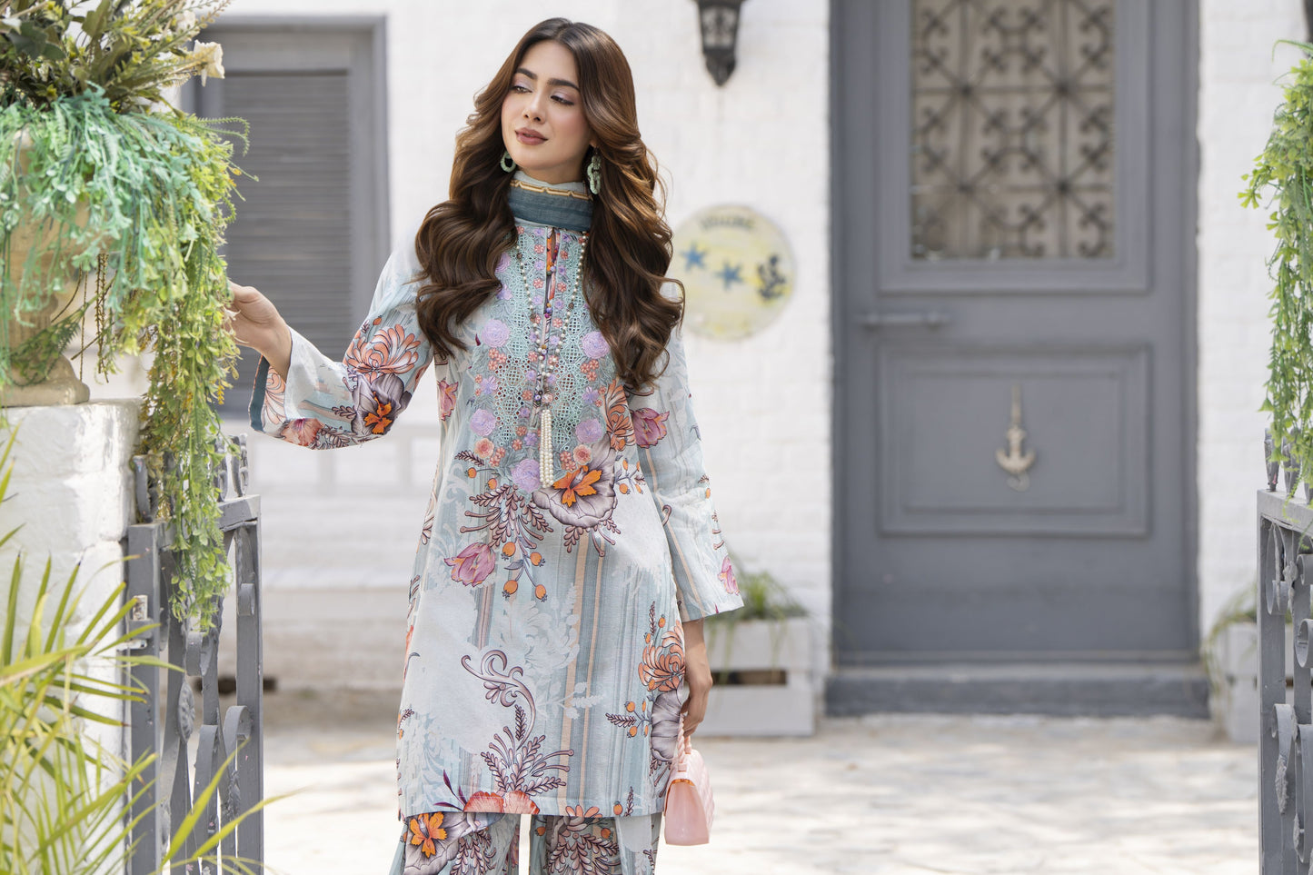 3pc  Pastel Floral Broshia Lawn Farshi Shalwar Ready to Wear Suit by Zaiwa – LTZ6
