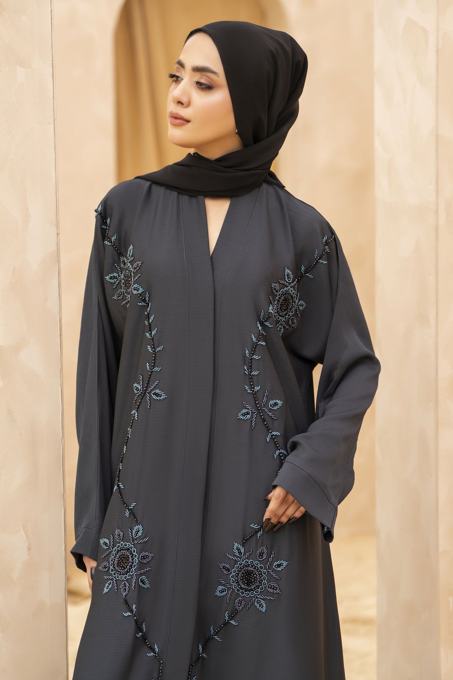 Zaina Veil of Grace – Hand Embellished Charcoal Grey Abaya ZMD1