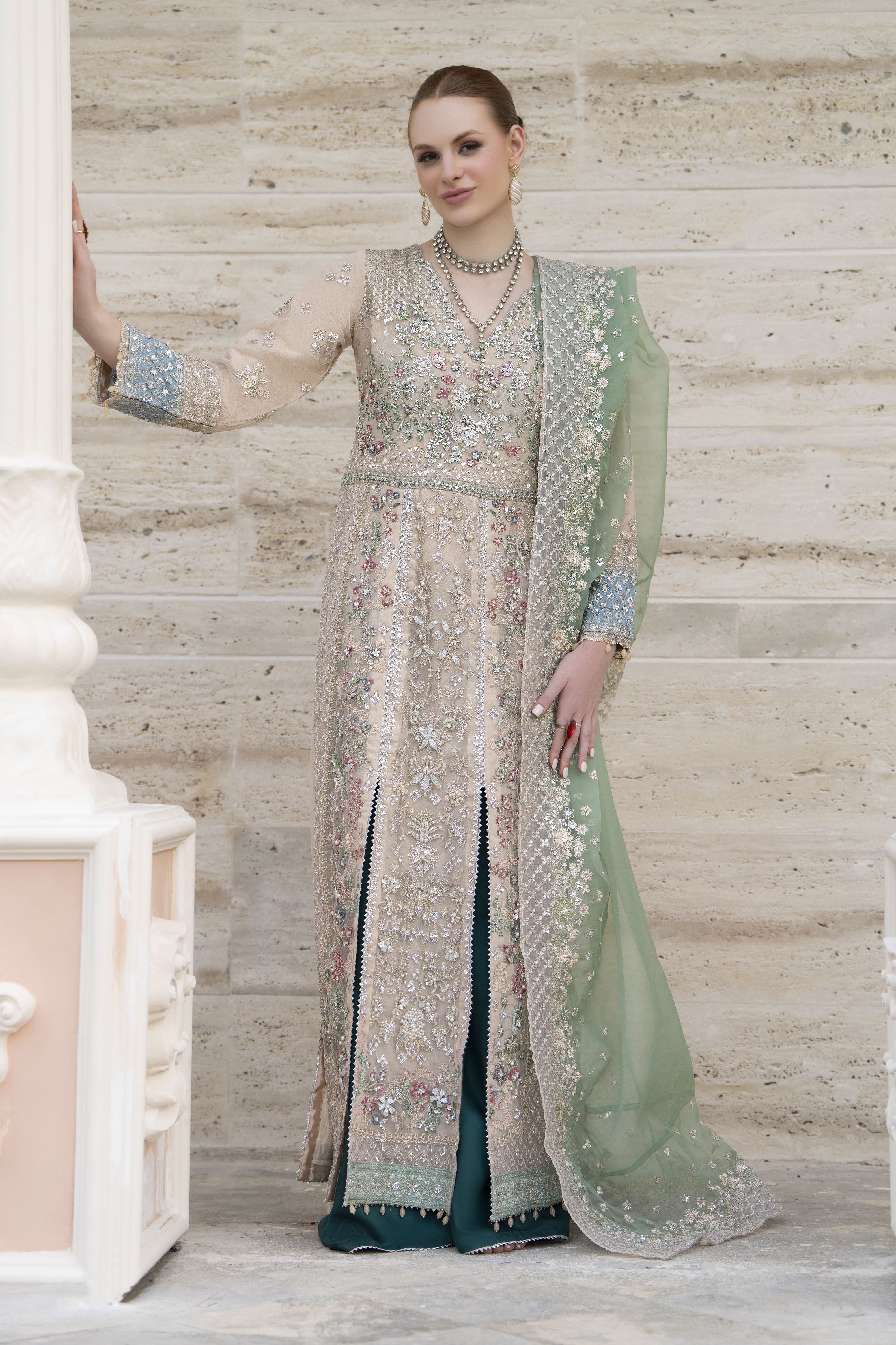 Silver 3pc Handwork Long Shirt with Contrast Trousers – The Occasion OS6