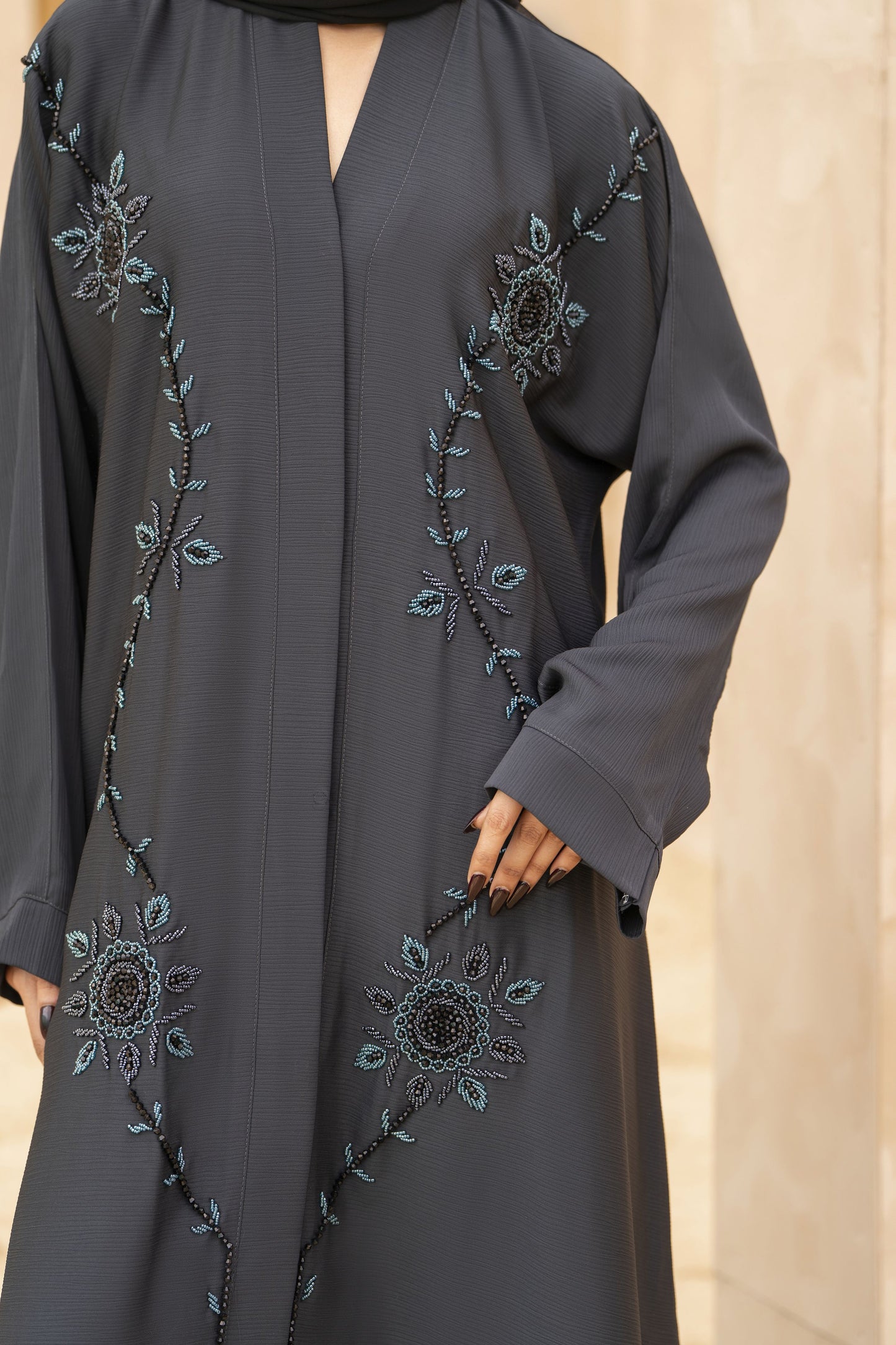 Zaina Veil of Grace – Hand Embellished Charcoal Grey Abaya ZMD1