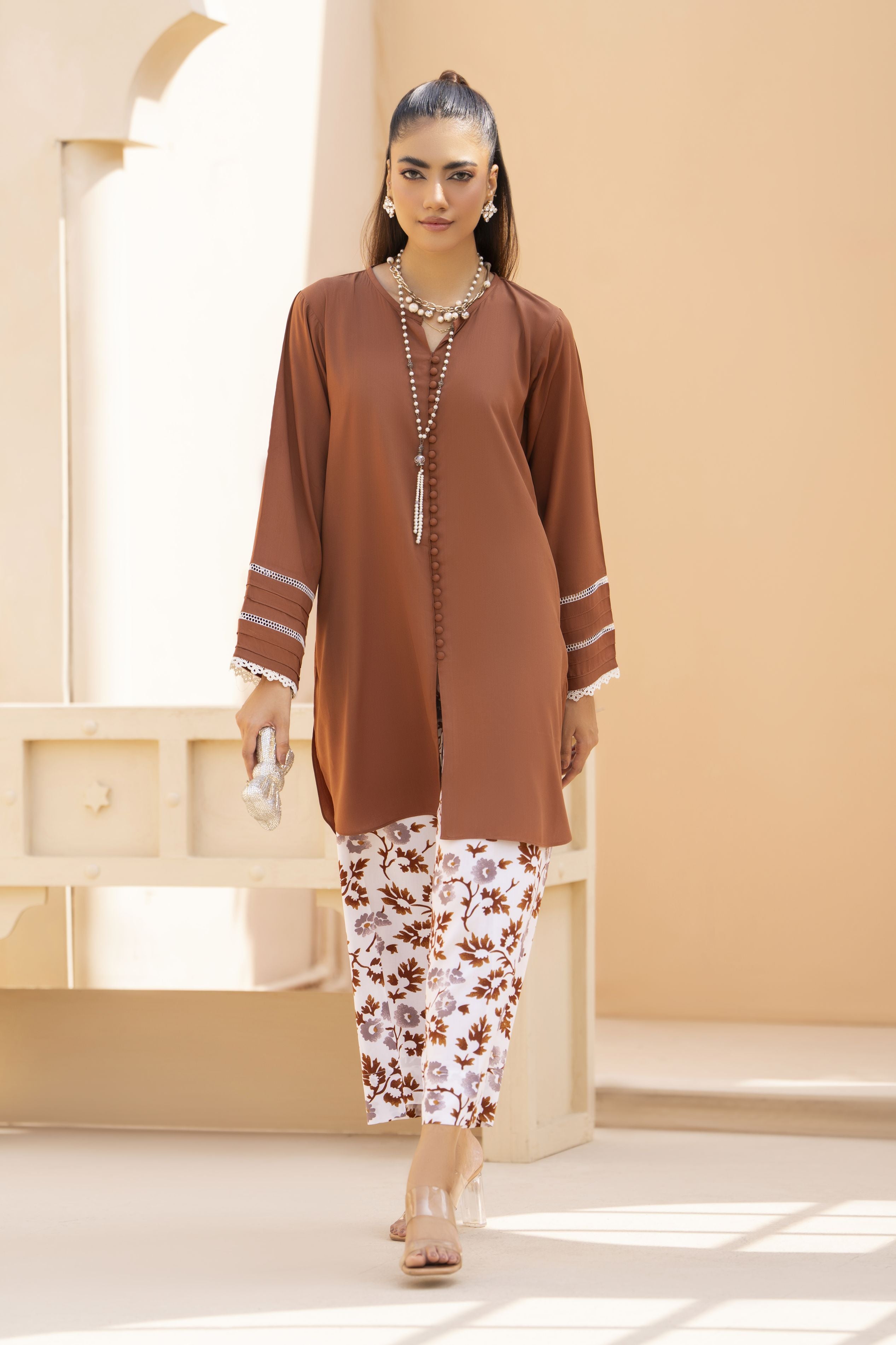 Brown Solid and Printed Linen 2pc Ready to Wear Dress by Gul Warun LDG8