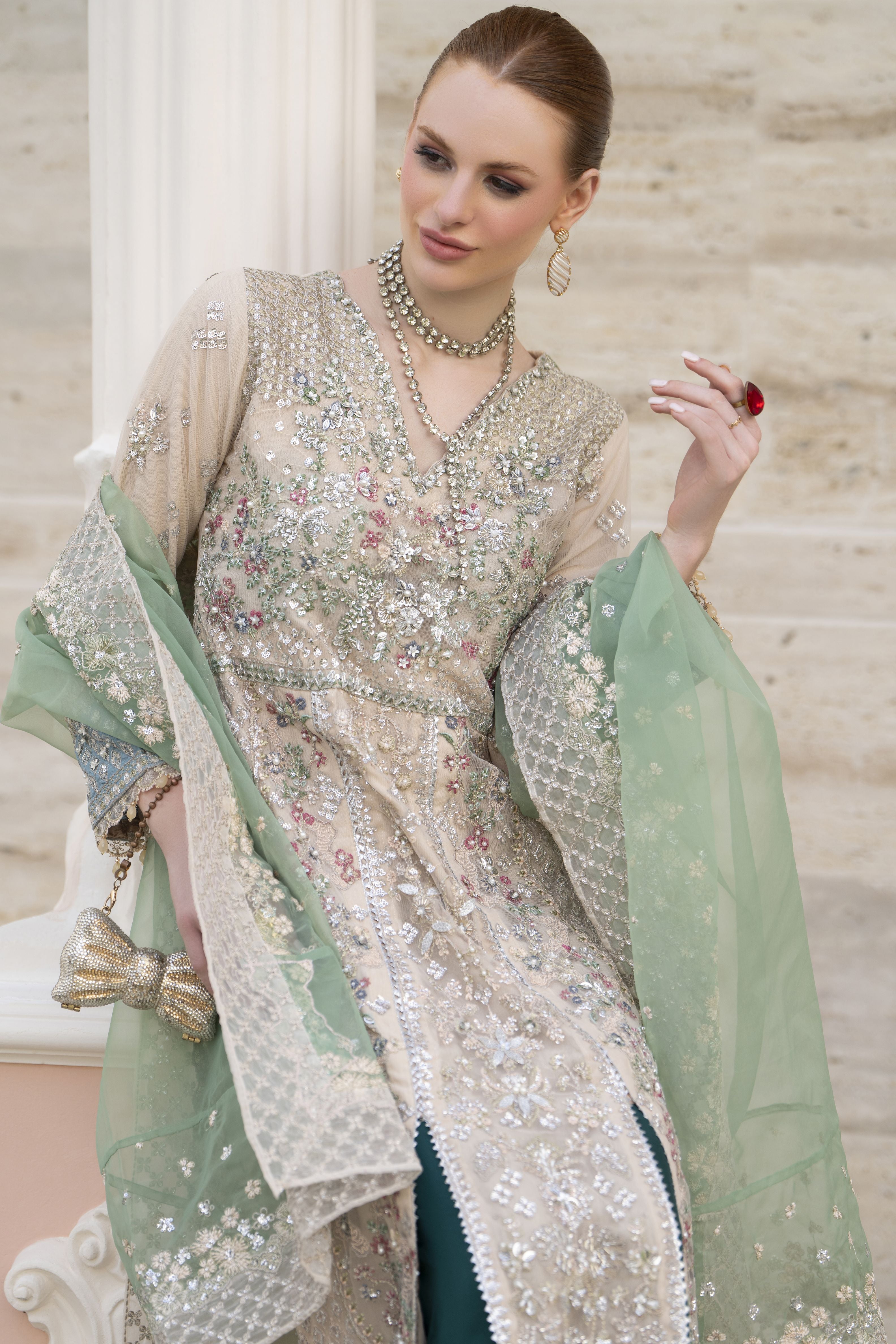 Silver 3pc Handwork Long Shirt with Contrast Trousers – The Occasion OS6