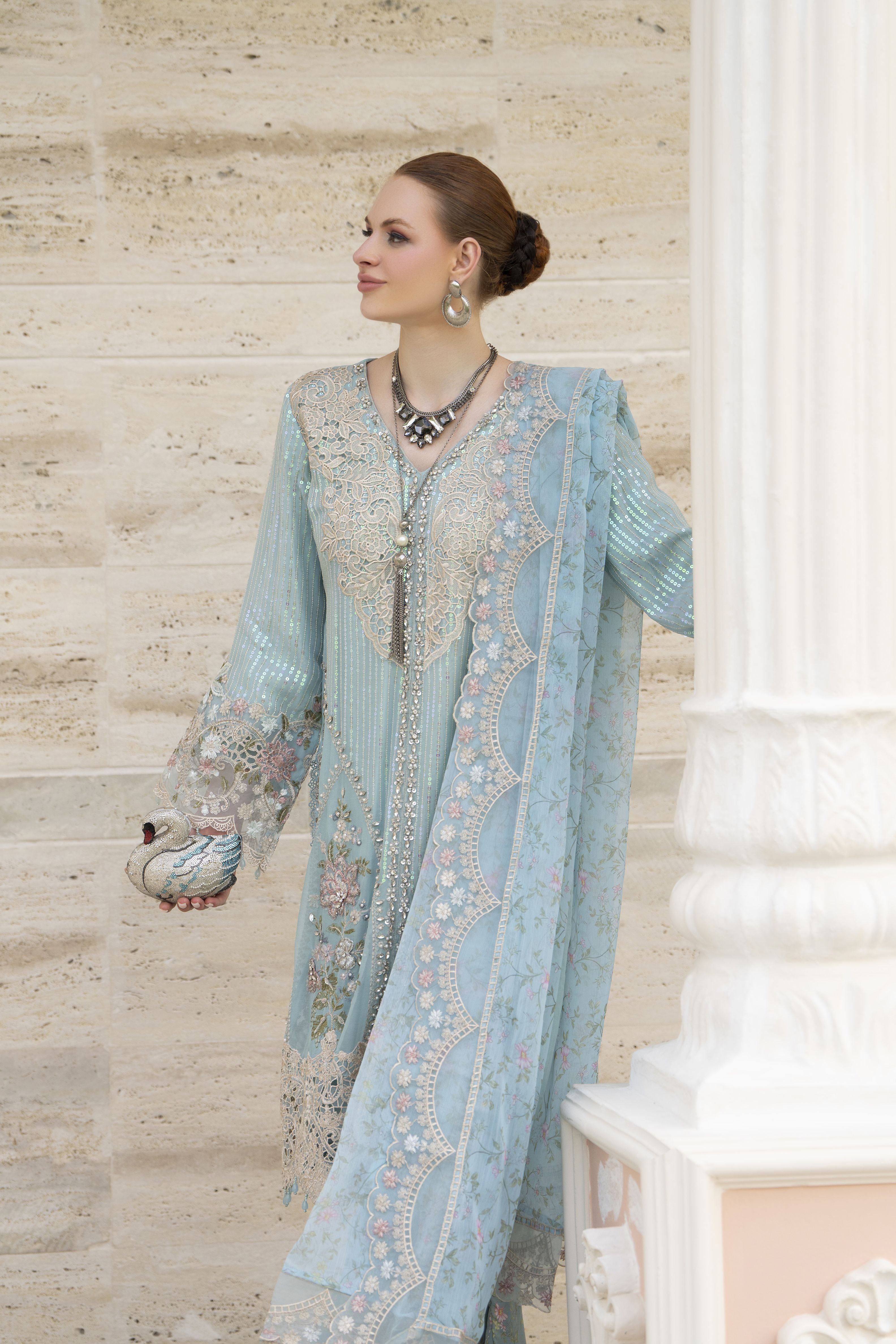 Silver 3pc Chiffon Handwork Suit with Wide-Leg Trousers – The Occasion OS5