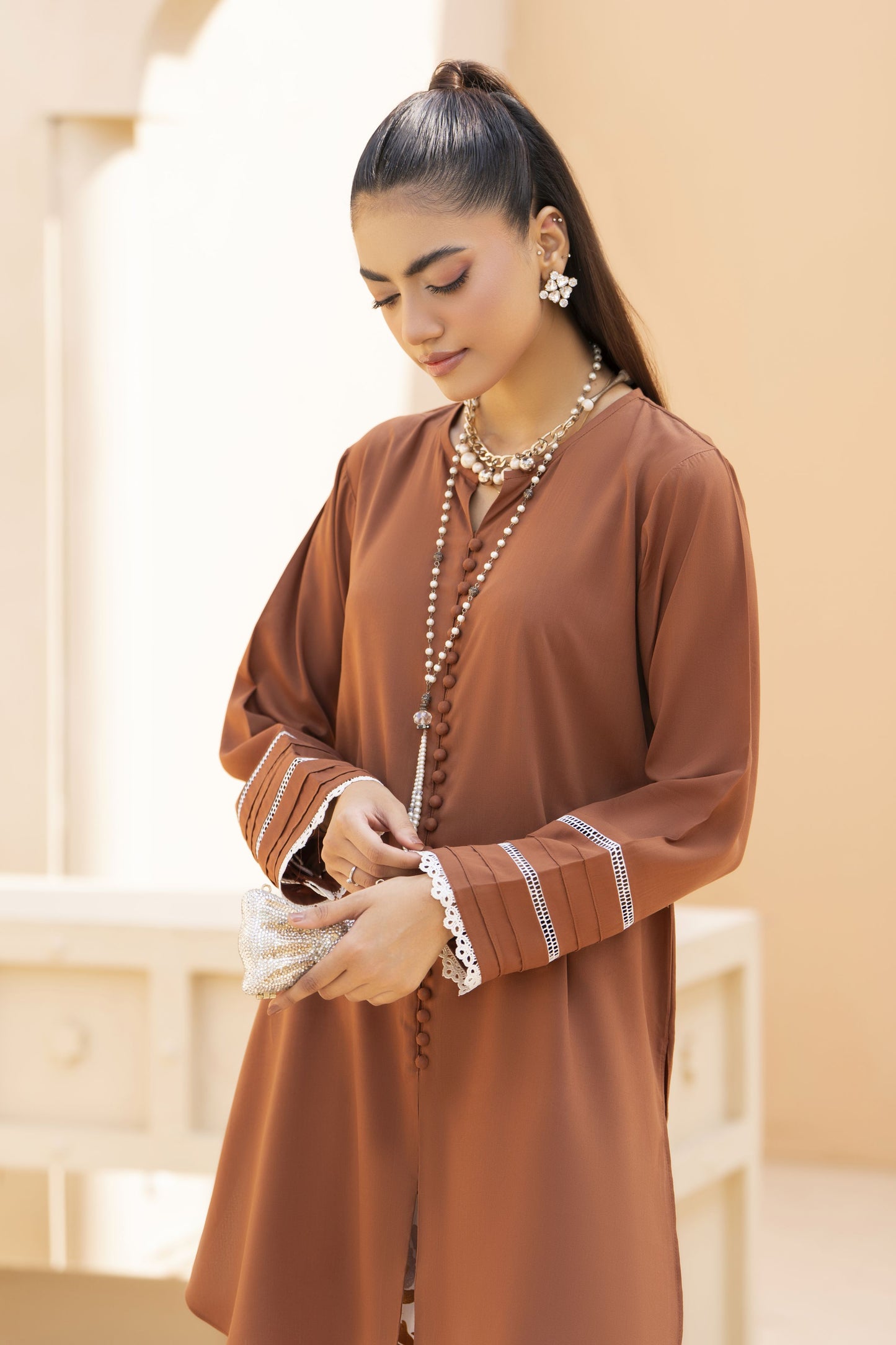 Brown Solid and Printed Linen 2pc Ready to Wear Dress by Gul Warun LDG8