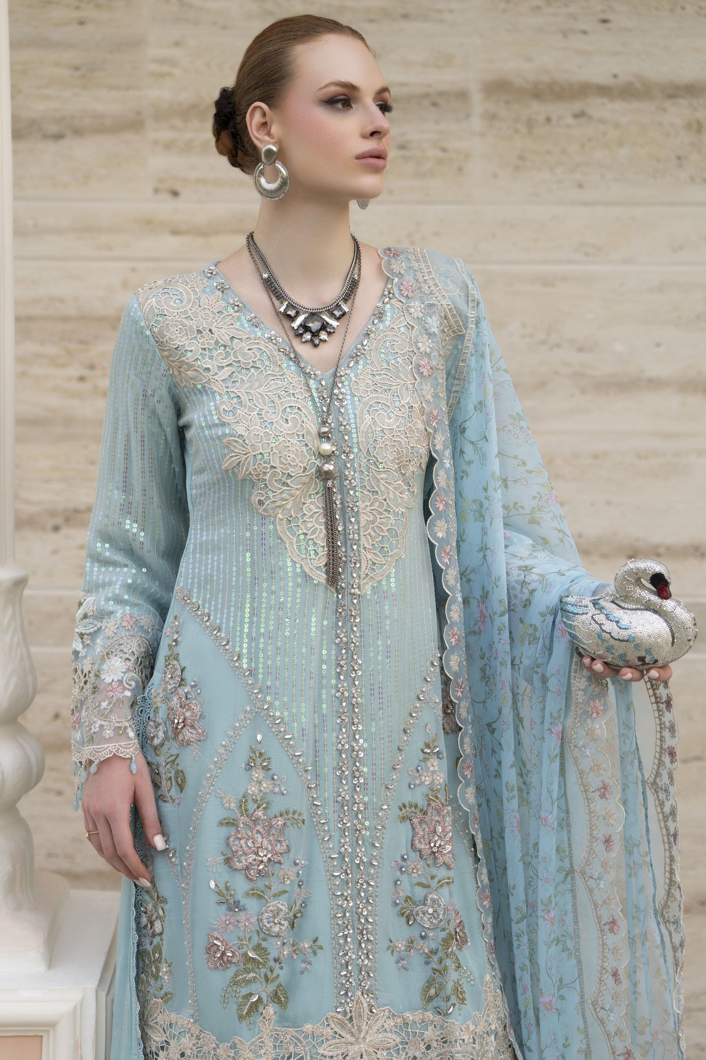 Silver 3pc Chiffon Handwork Suit with Wide-Leg Trousers – The Occasion OS5