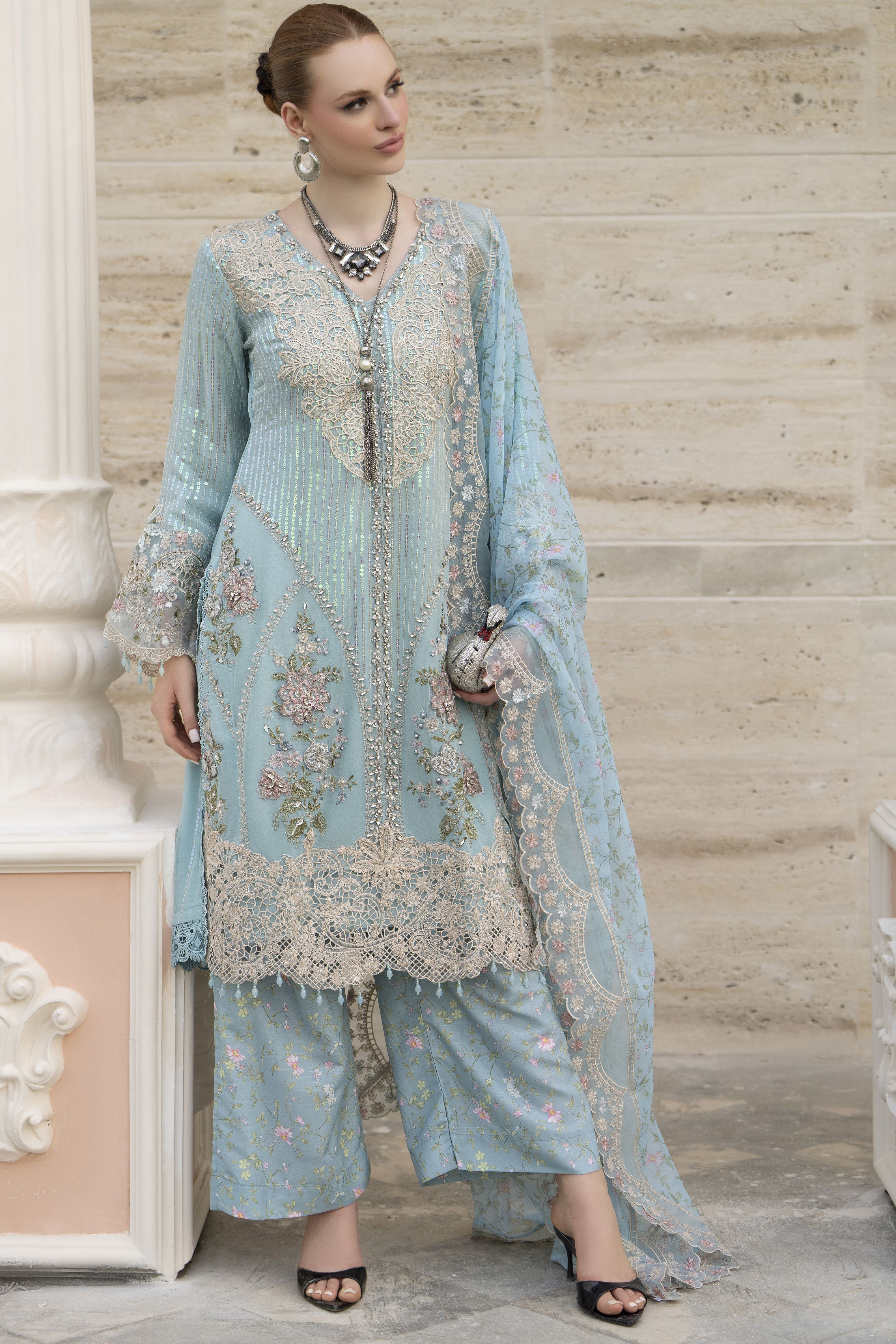 Silver 3pc Chiffon Handwork Suit with Wide-Leg Trousers – The Occasion OS5