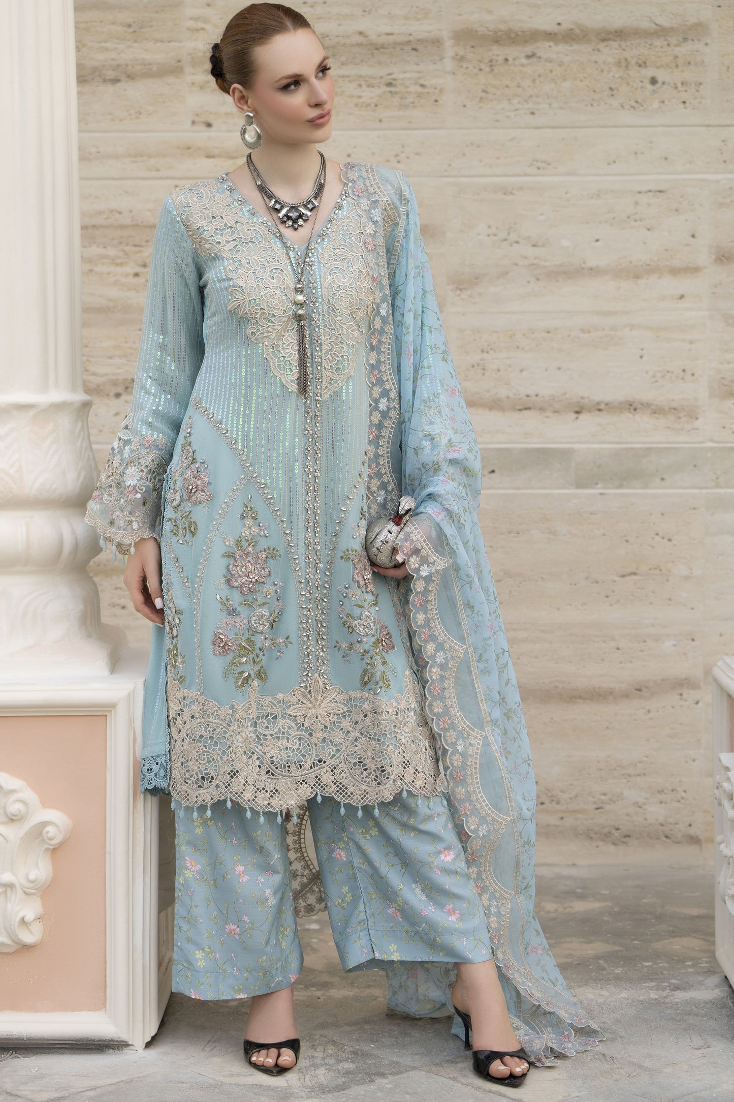Silver 3pc Chiffon Handwork Suit with Wide-Leg Trousers – The Occasion OS5