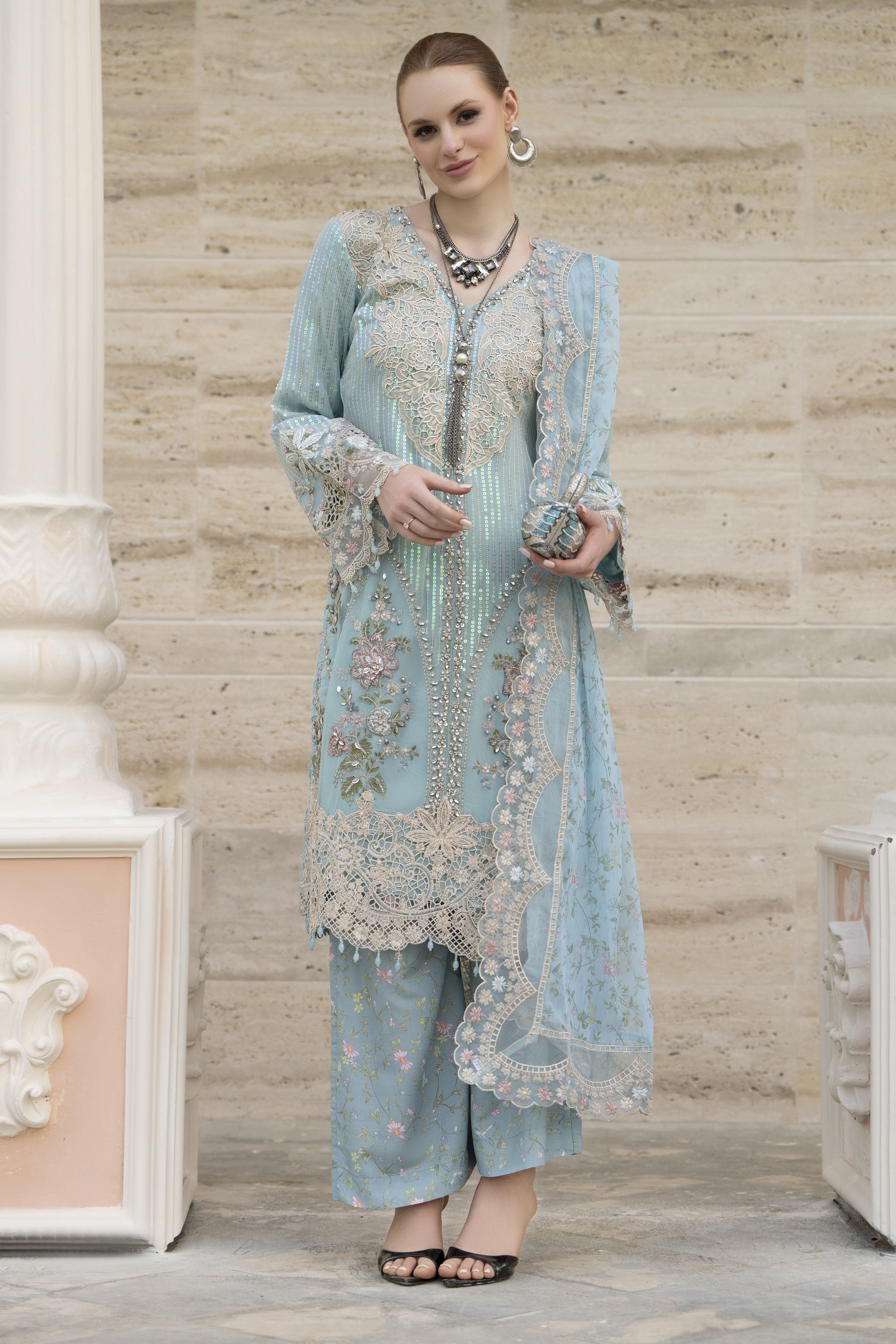Silver 3pc Chiffon Handwork Suit with Wide-Leg Trousers – The Occasion OS5