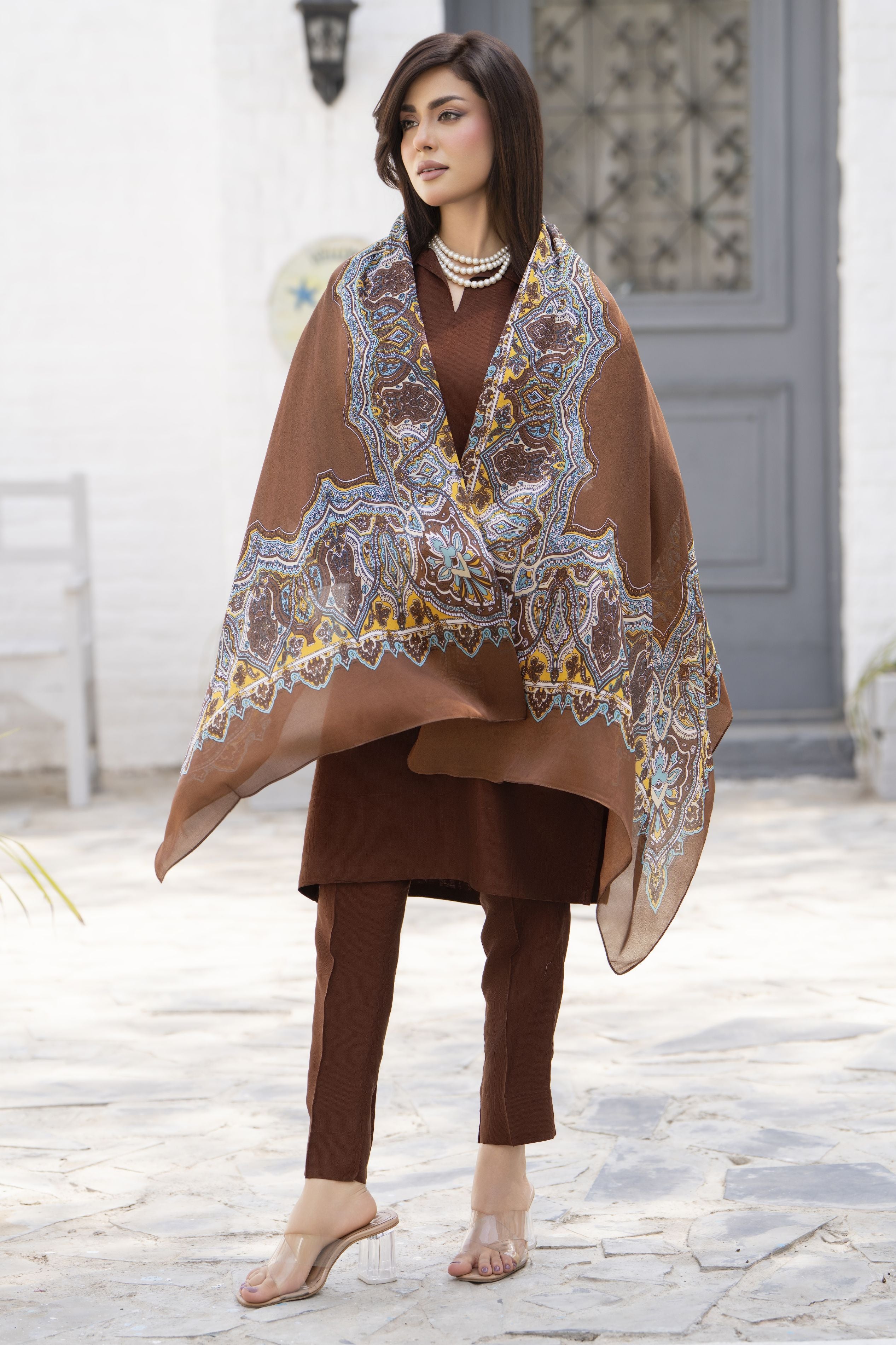 Chocolate Brown 3-Piece Poly Raw Silk Suit with Printed Silk Scarf | Essentials by Miski – EBM3