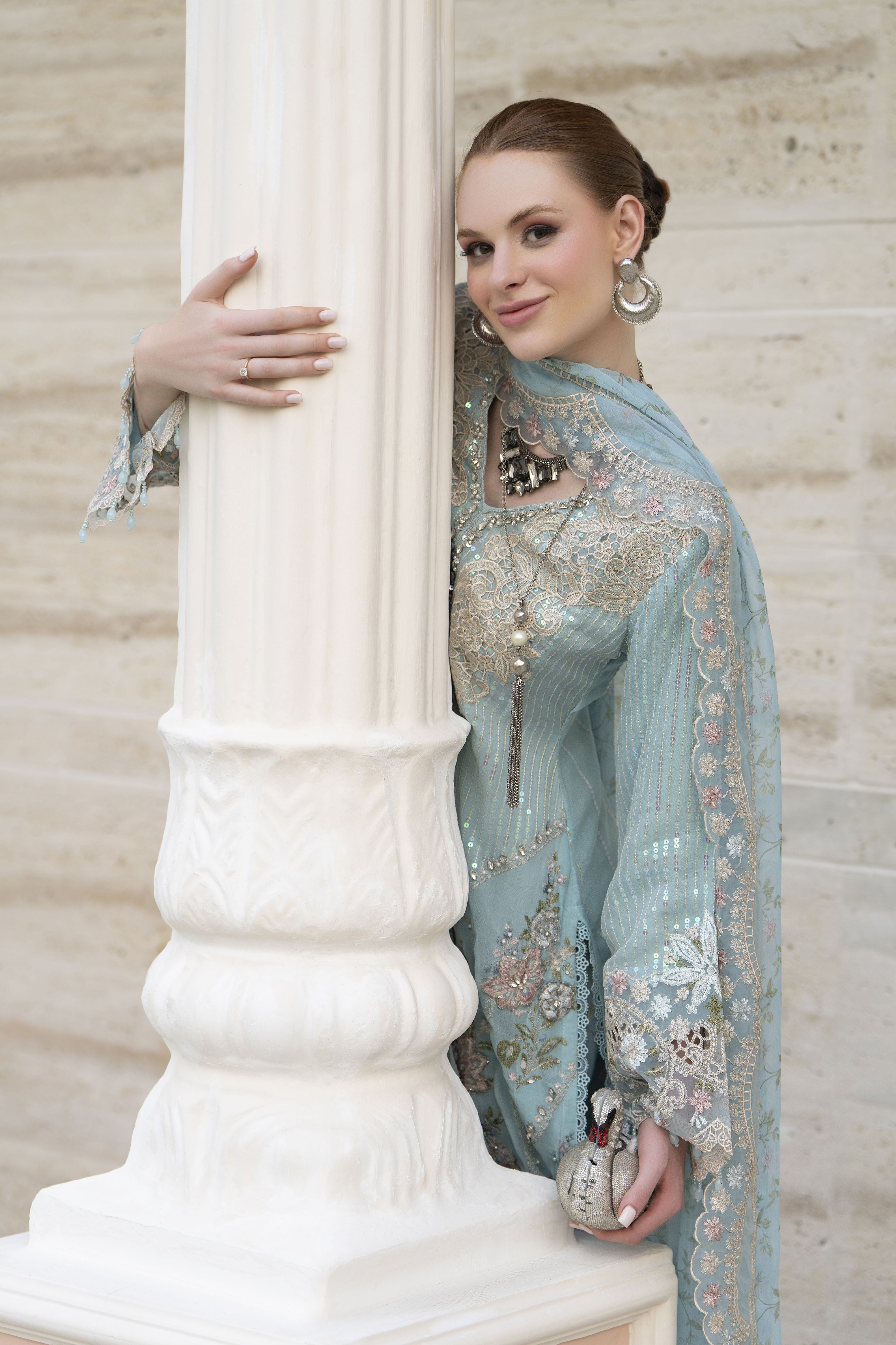 Silver 3pc Chiffon Handwork Suit with Wide-Leg Trousers – The Occasion OS5