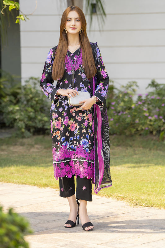 Black Floral 3pc Embroidered Lawn Suit Rangrez by Sakeena Hasan RBS8