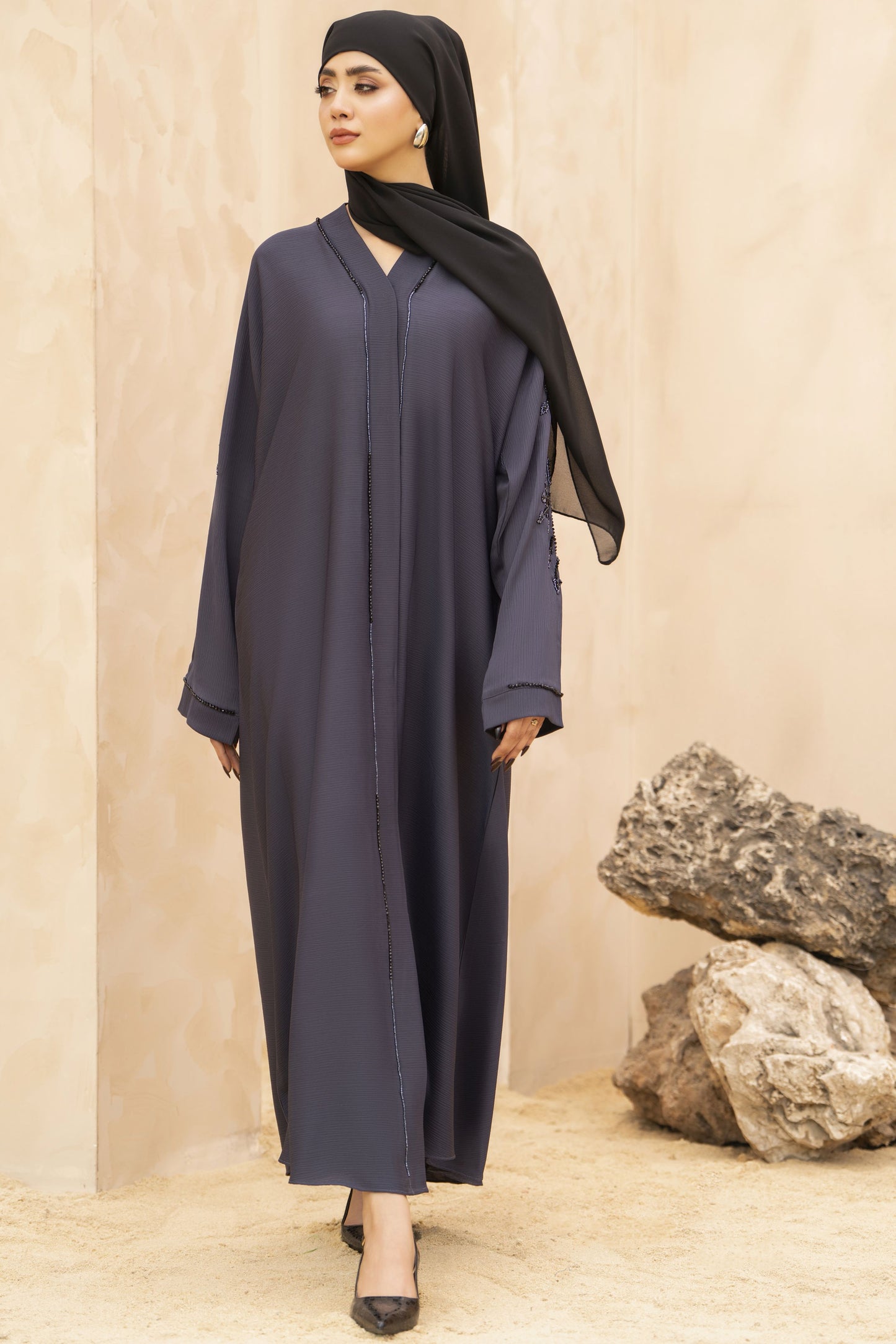 Zaina Veil of Grace – Hand Embellished Steel Grey Abaya ZMD5