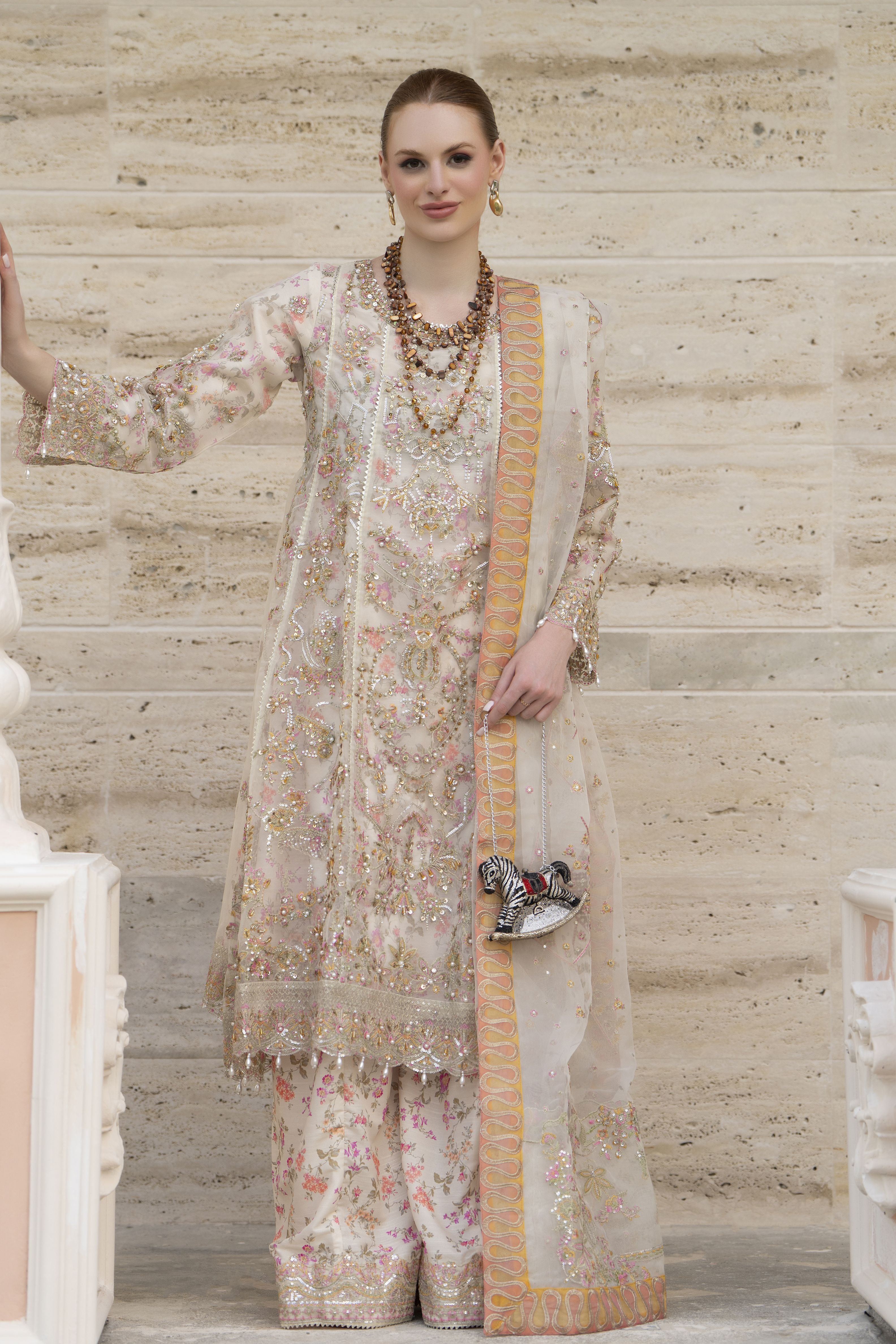 Silver 3pc Organza Handwork Frock with Sharara – The Occasion OS3