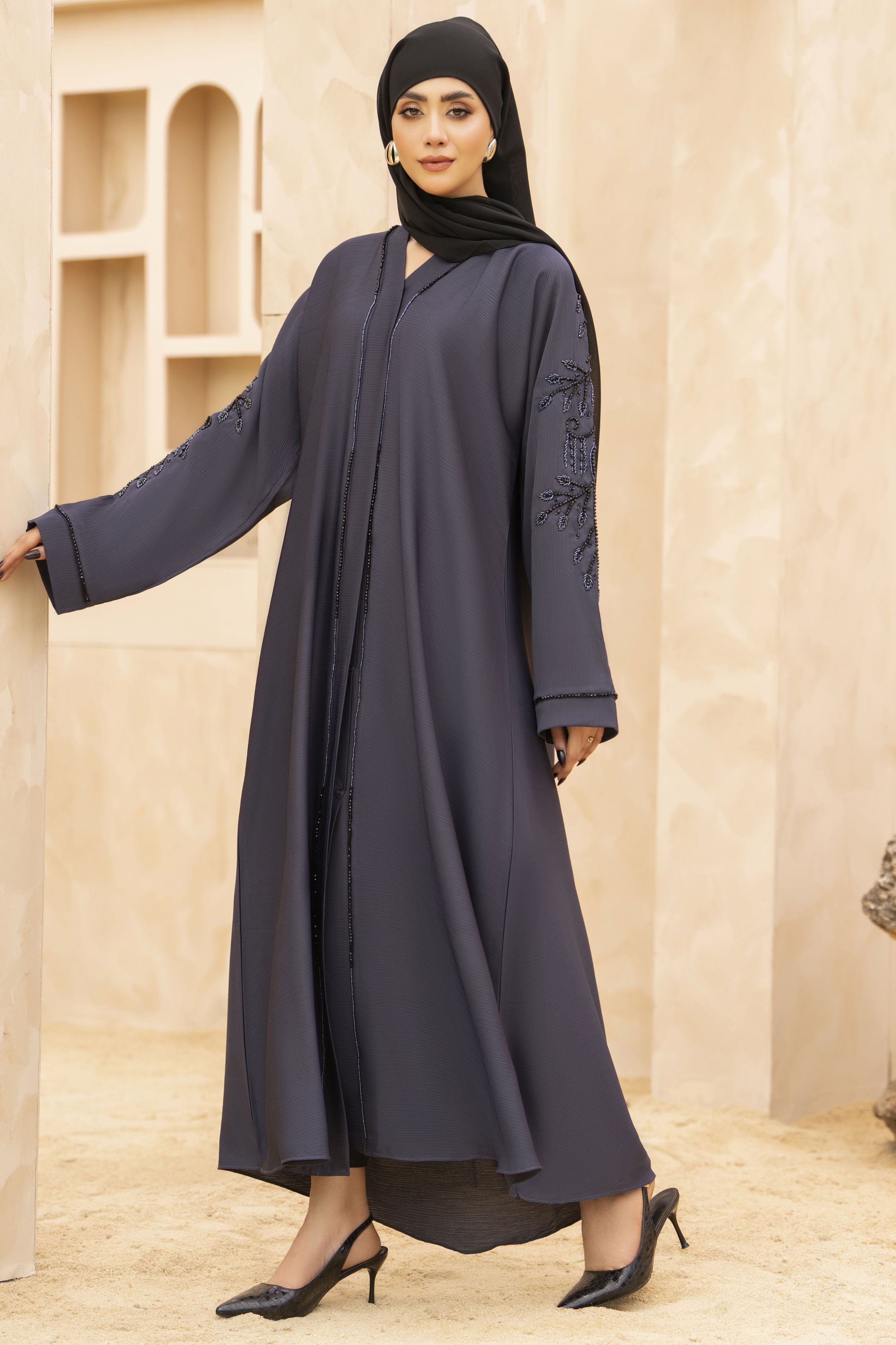 Zaina Veil of Grace – Hand Embellished Steel Grey Abaya ZMD5