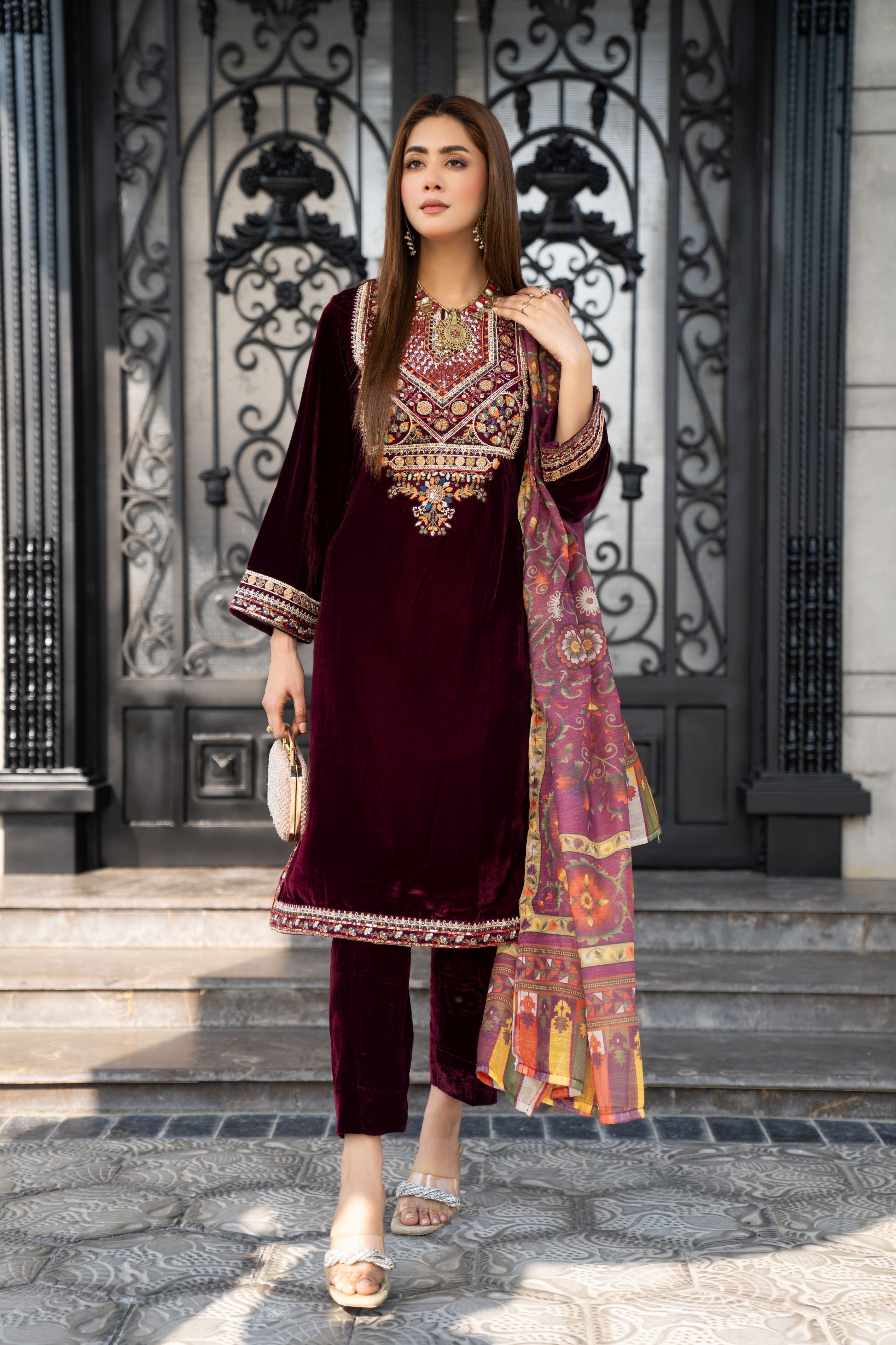 Vogue Vistas Velvet Embroidered Dress by Zaiwa ZB9