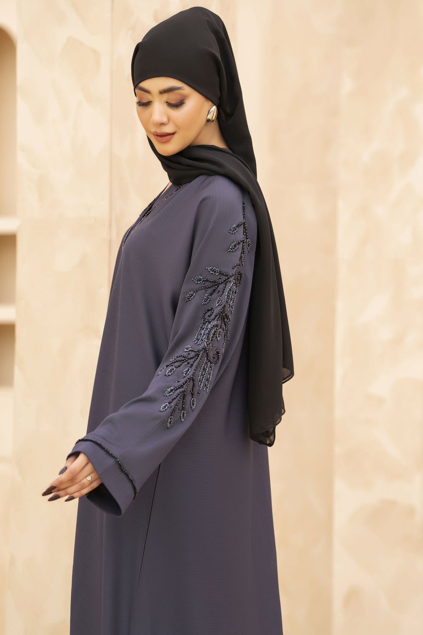 Zaina Veil of Grace – Hand Embellished Steel Grey Abaya ZMD5