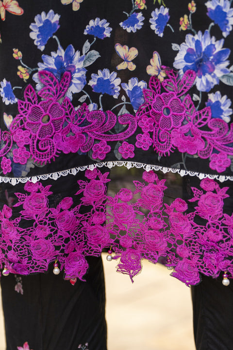 Black Floral 3pc Embroidered Lawn Suit Rangrez by Sakeena Hasan RBS8
