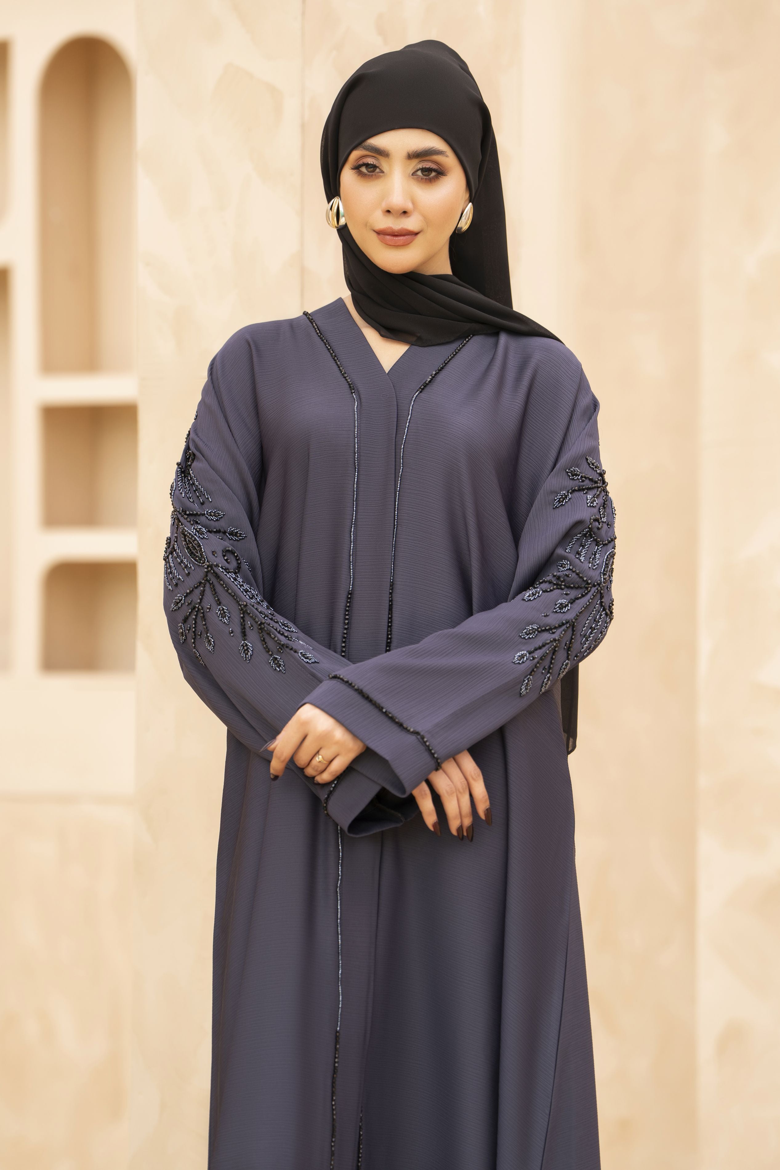 Zaina Veil of Grace – Hand Embellished Steel Grey Abaya ZMD5