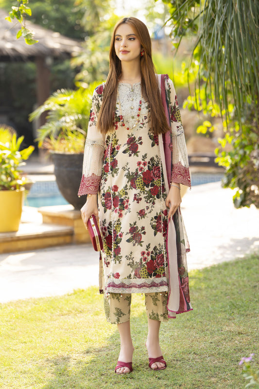 Cream & Maroon Floral Chikankari 3pc Lawn Suit Rangrez by Sakeena Hasan RBS7