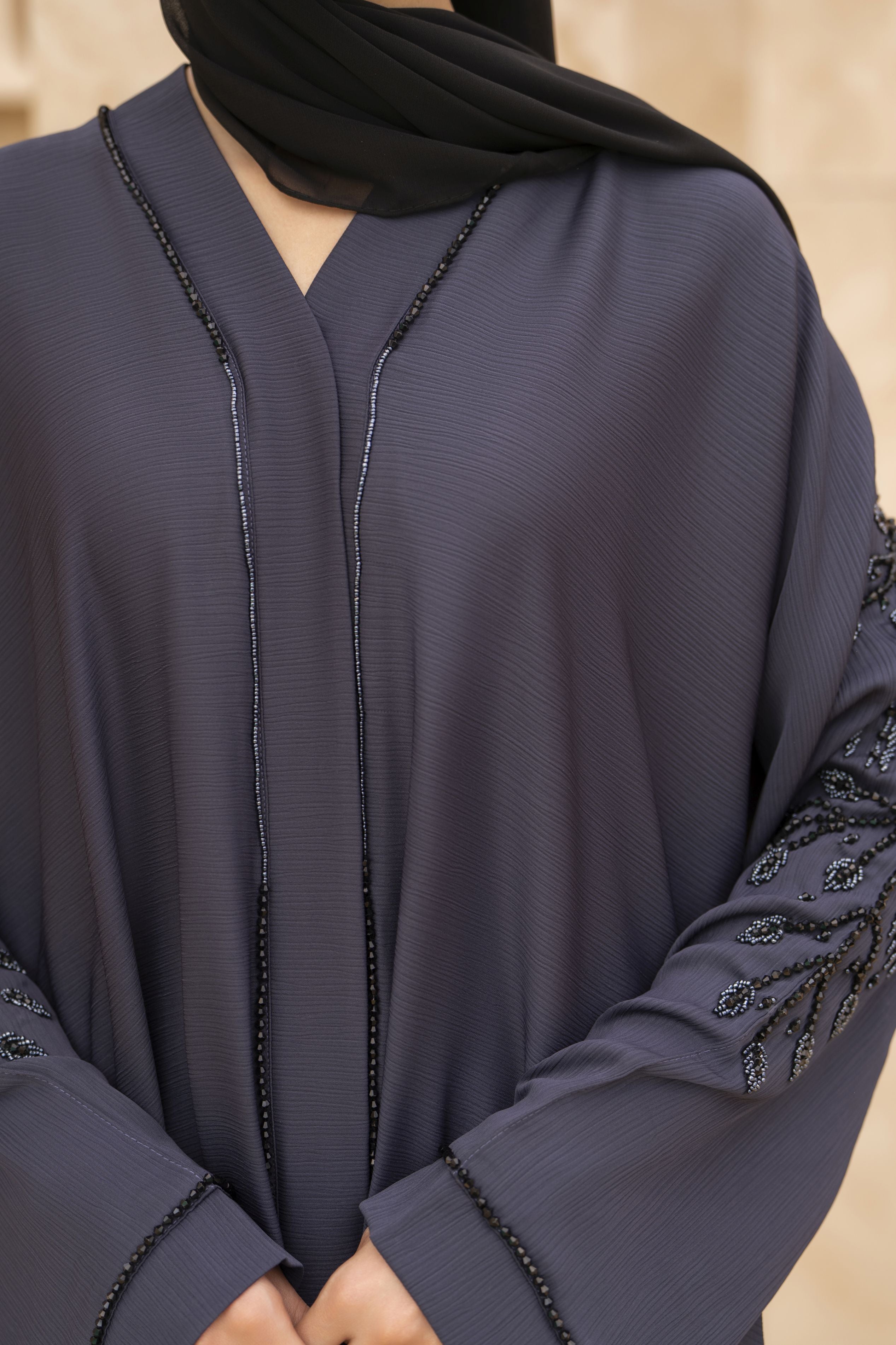 Zaina Veil of Grace – Hand Embellished Steel Grey Abaya ZMD5