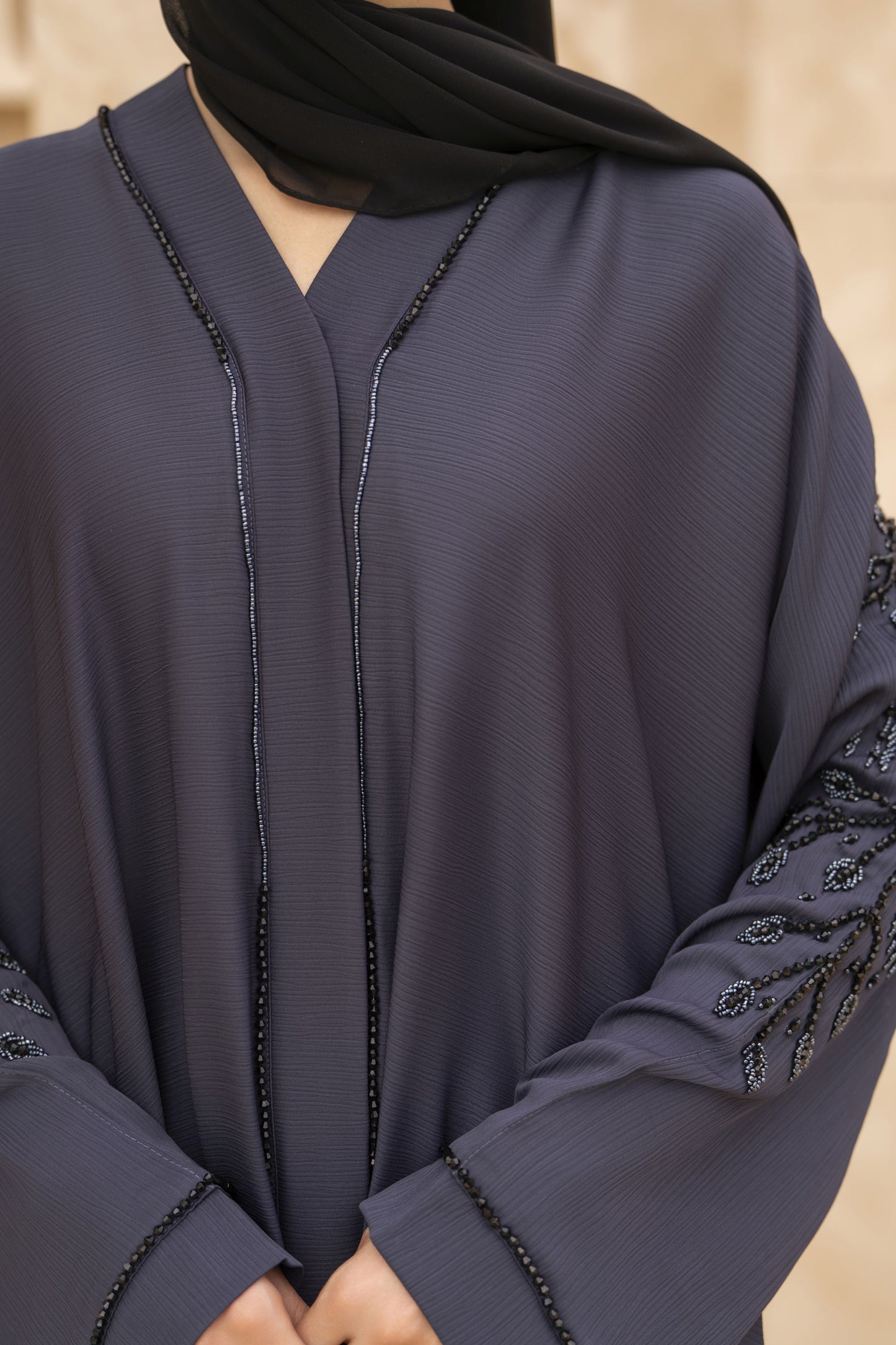 Zaina Veil of Grace – Hand Embellished Steel Grey Abaya ZMD5