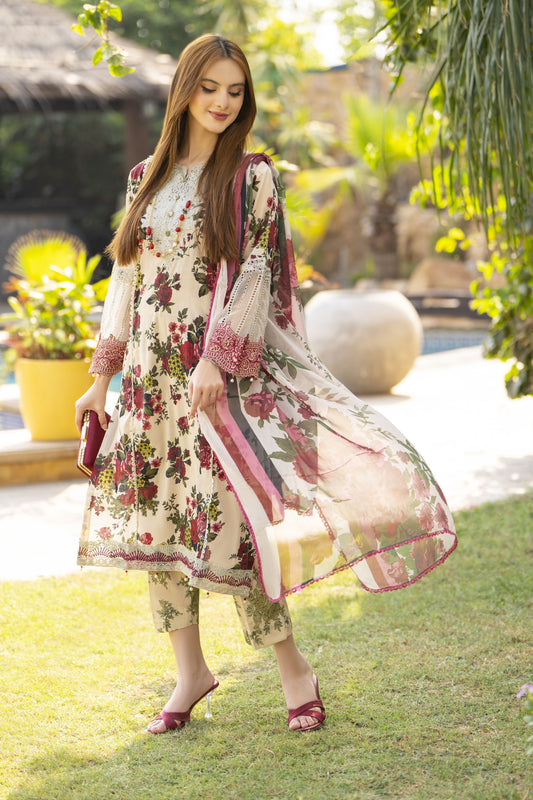 Cream & Maroon Floral Chikankari 3pc Lawn Suit Rangrez by Sakeena Hasan RBS7