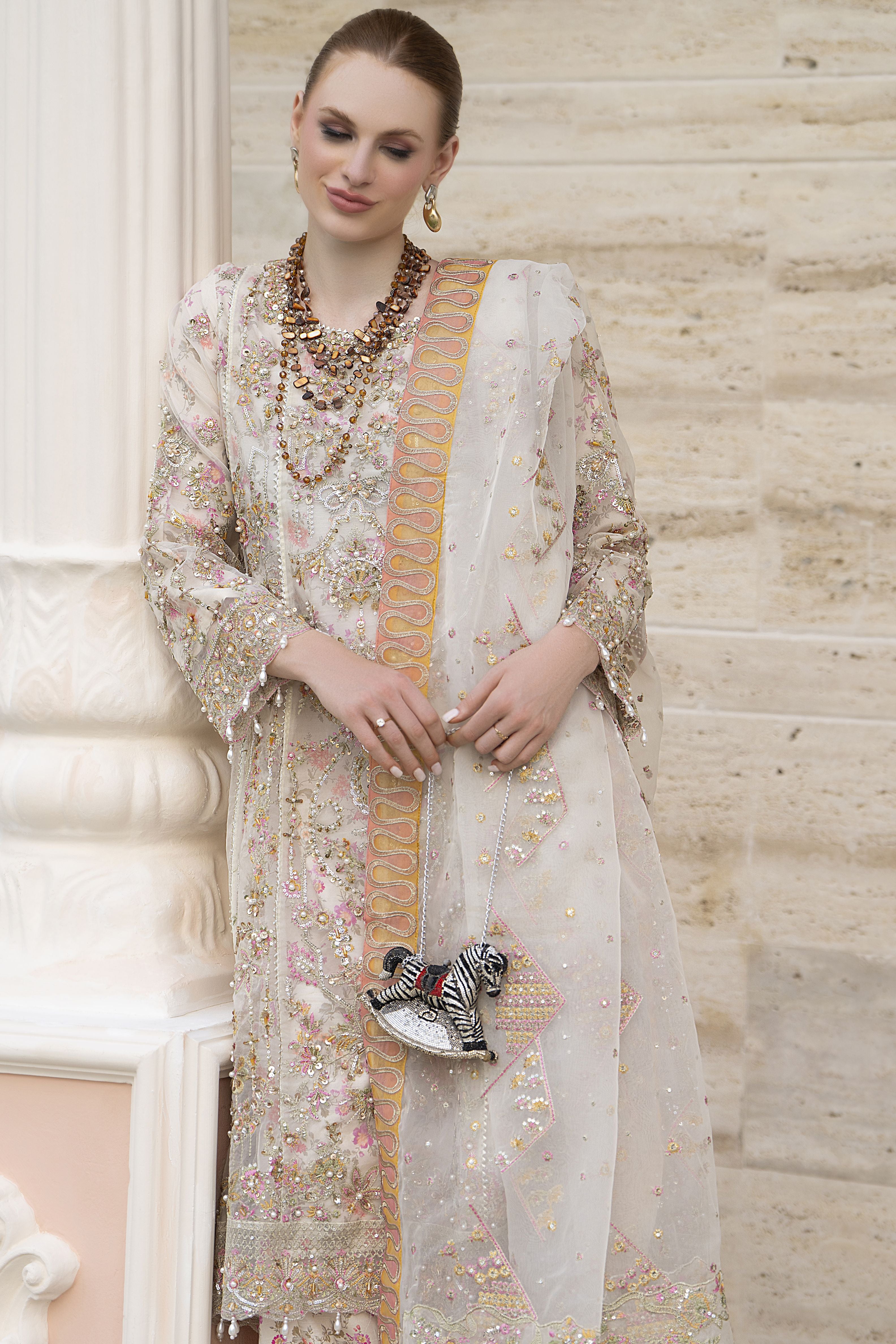 Silver 3pc Organza Handwork Frock with Sharara – The Occasion OS3