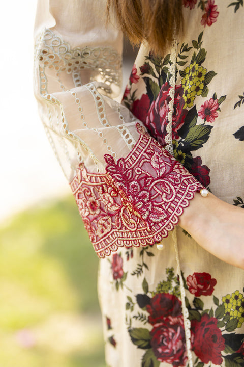 Cream & Maroon Floral Chikankari 3pc Lawn Suit Rangrez by Sakeena Hasan RBS7