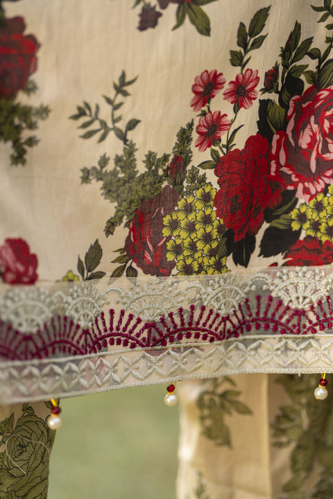 Cream & Maroon Floral Chikankari 3pc Lawn Suit Rangrez by Sakeena Hasan RBS7