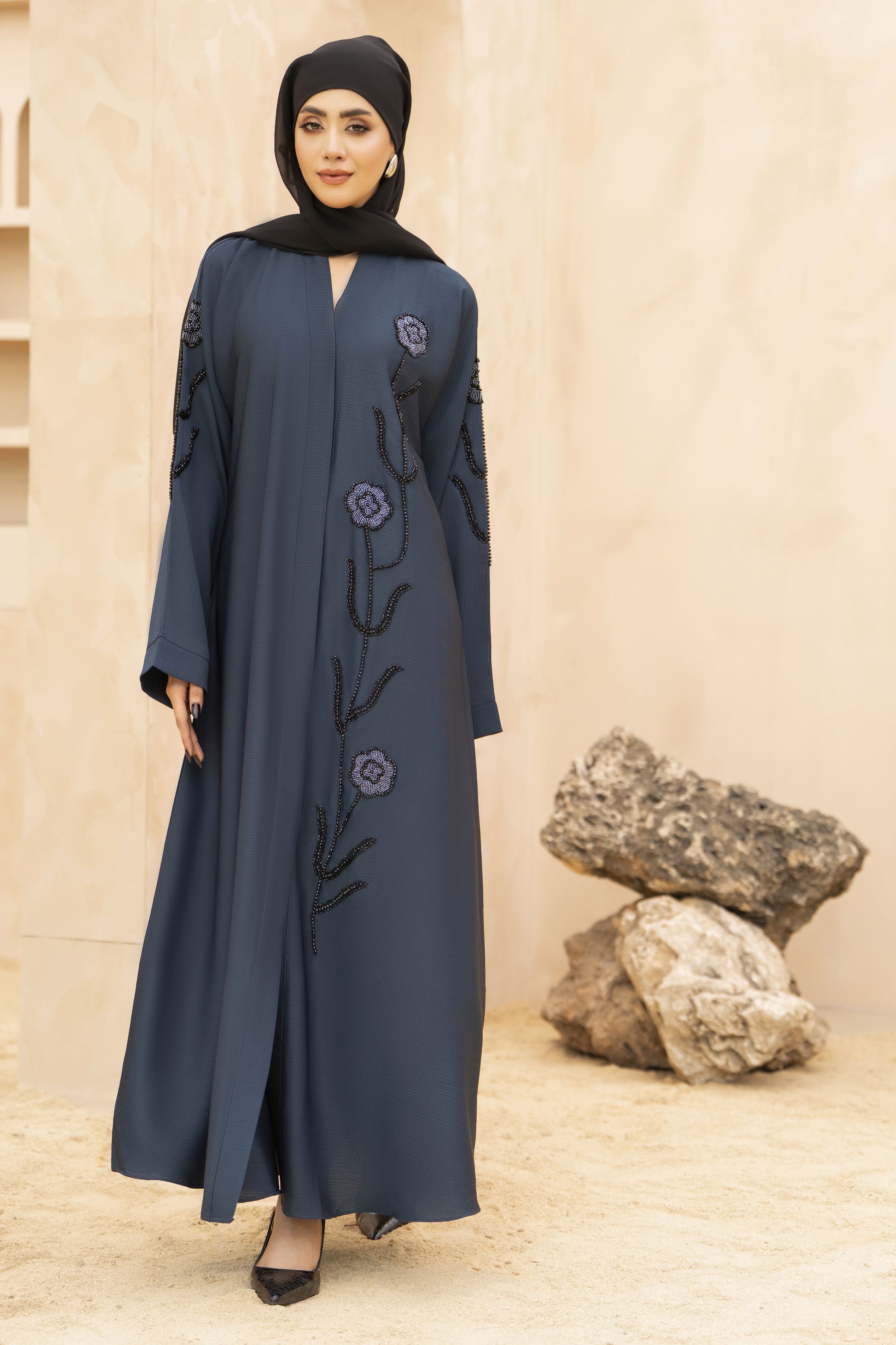 Zaina Veil of Grace – Hand Embellished Slate Blue Abaya ZMD4