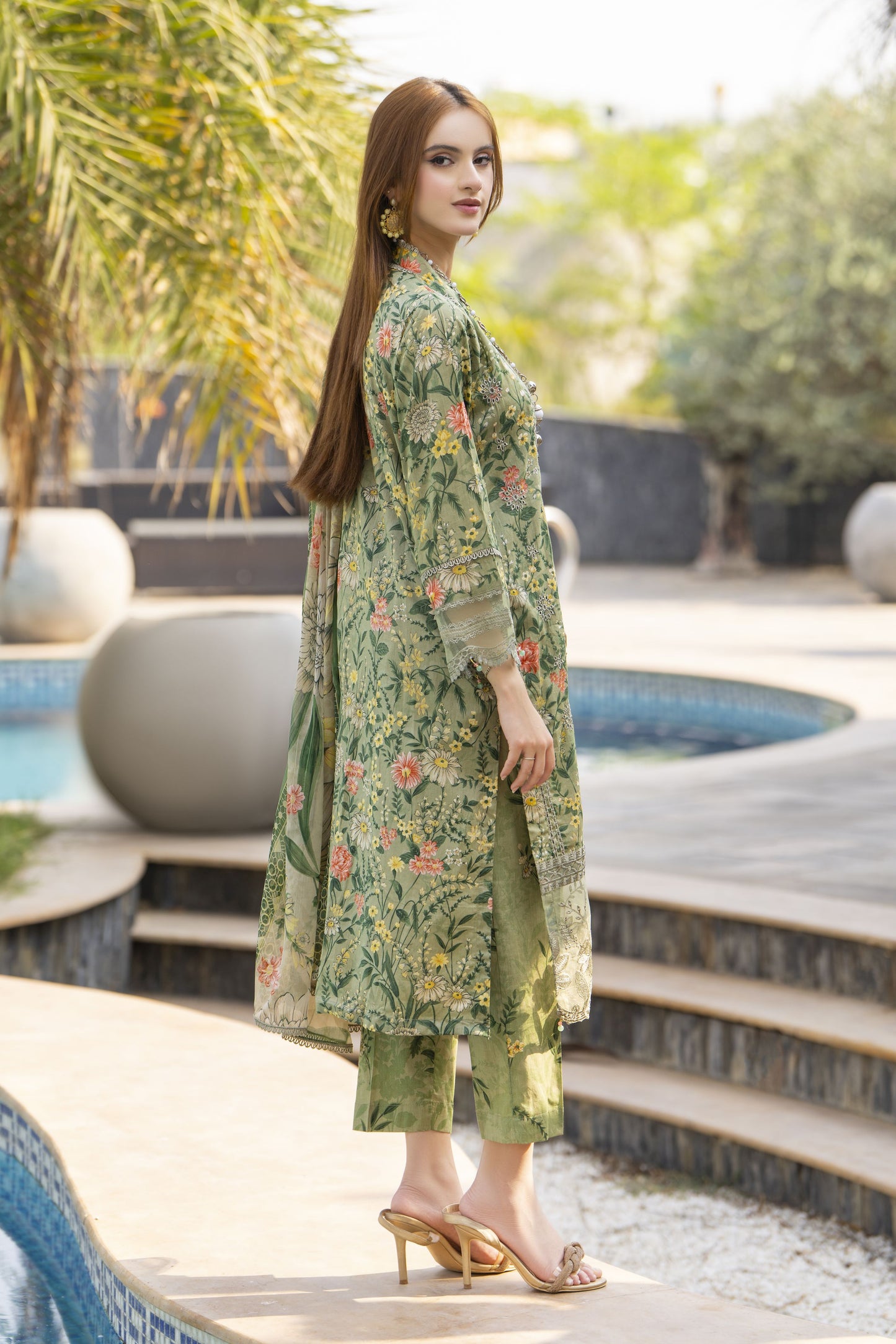Olive Green Printed Lawn Chikankari Suit Rangrez by Sakeena Hasan RBS3