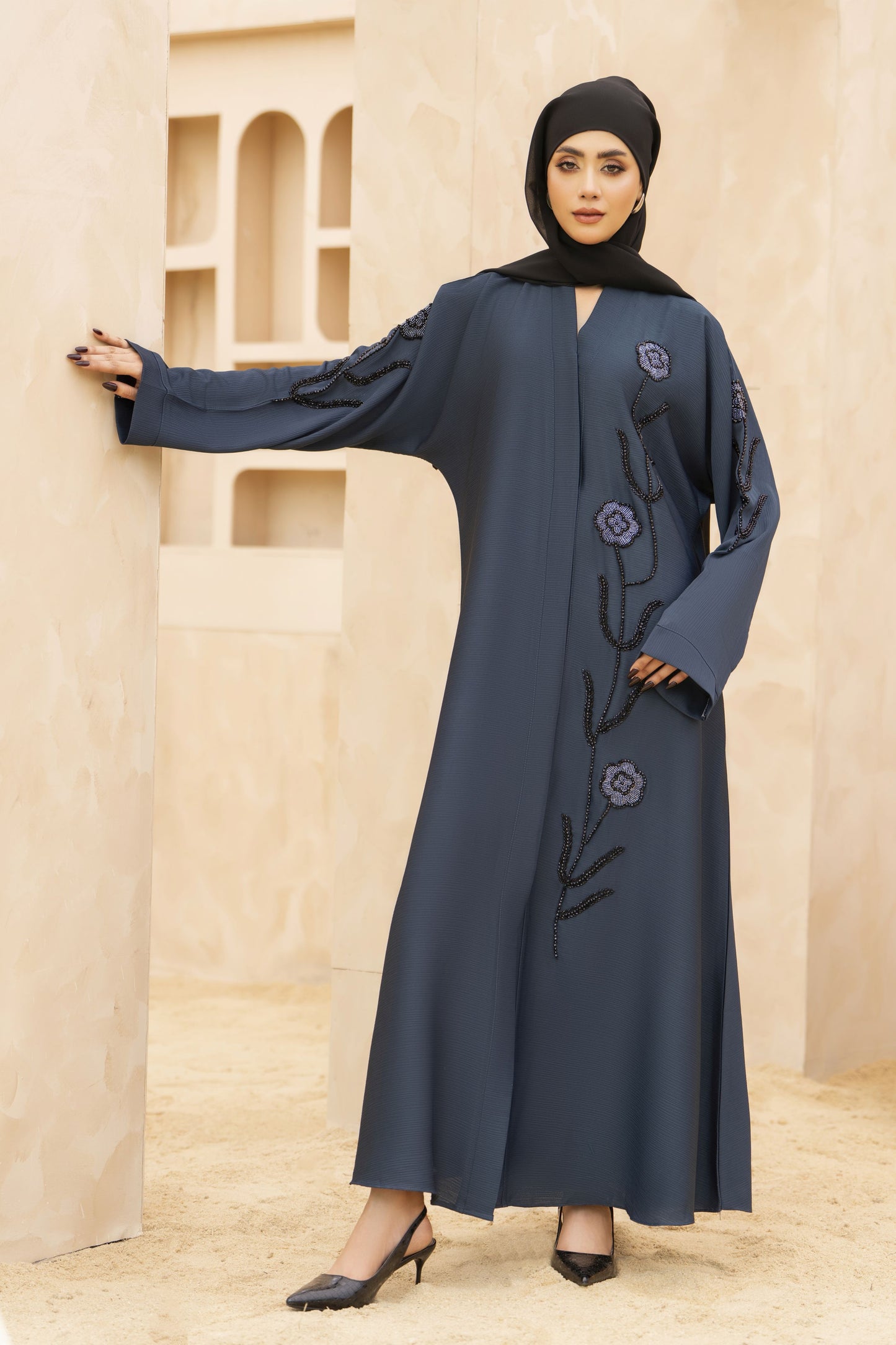 Zaina Veil of Grace – Hand Embellished Slate Blue Abaya ZMD4