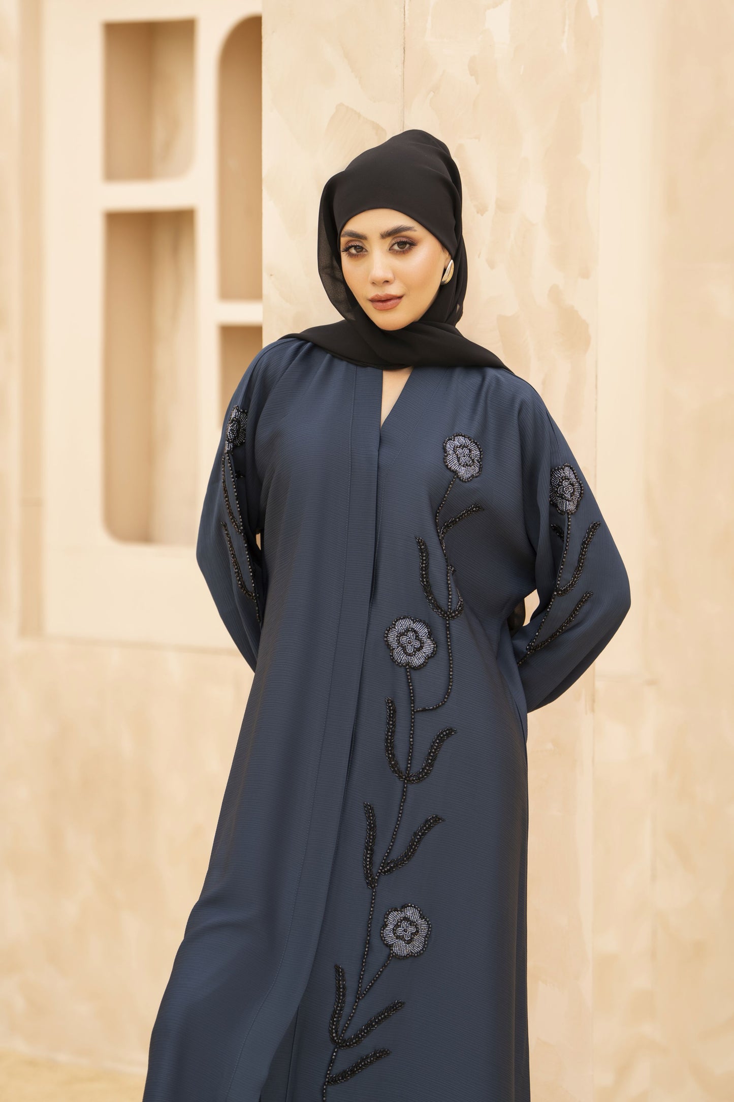Zaina Veil of Grace – Hand Embellished Slate Blue Abaya ZMD4