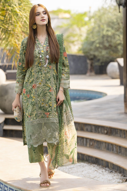 Olive Green Printed Lawn Chikankari Suit Rangrez by Sakeena Hasan RBS3